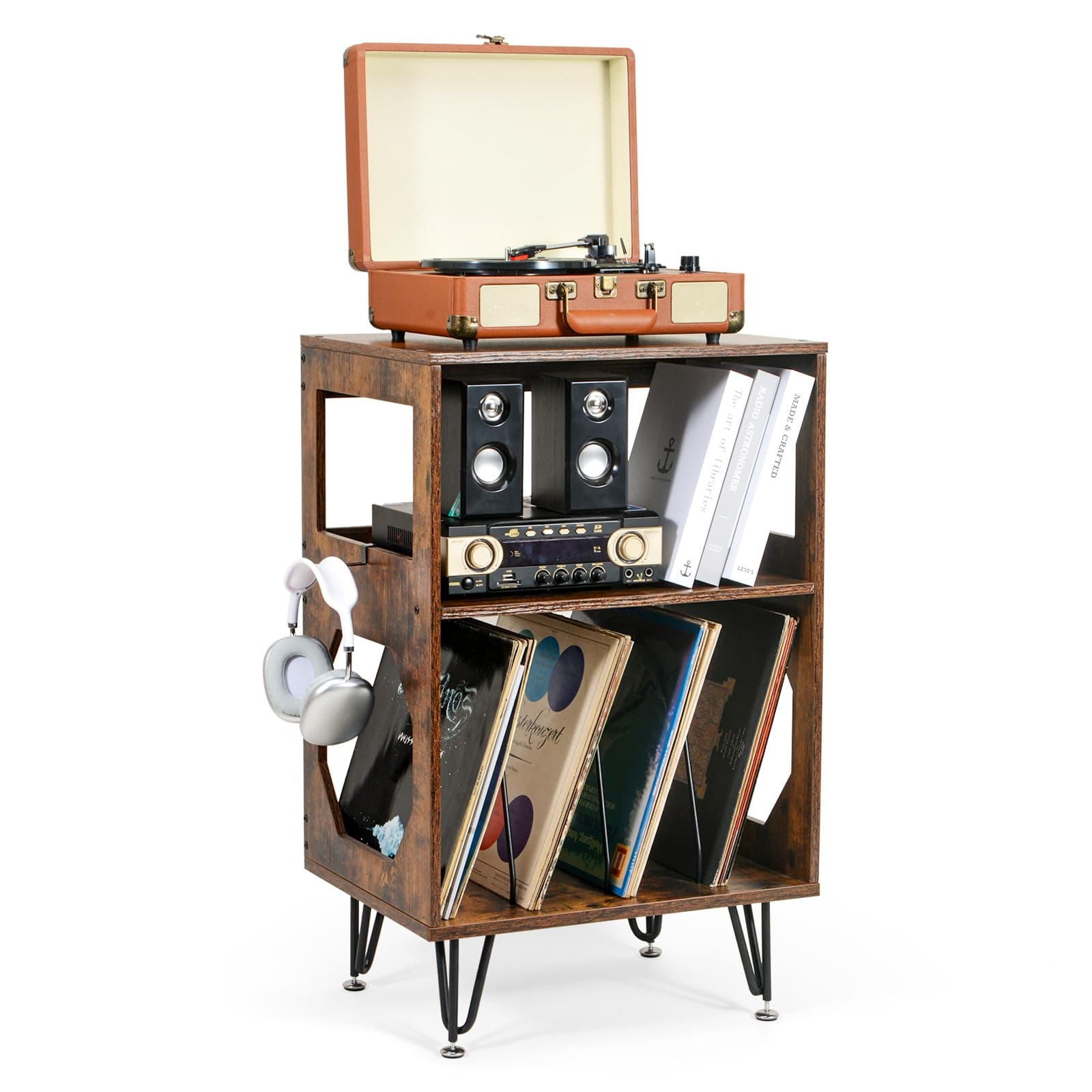 ikkle Rustic Record Player Stand, End Table with Record Storage, Vinyl Record Storage Cabinet Holder with Metal Legs, Turntable Stand Record Player Cabinet for Living Room, Bedroom, Holds 160 Albums