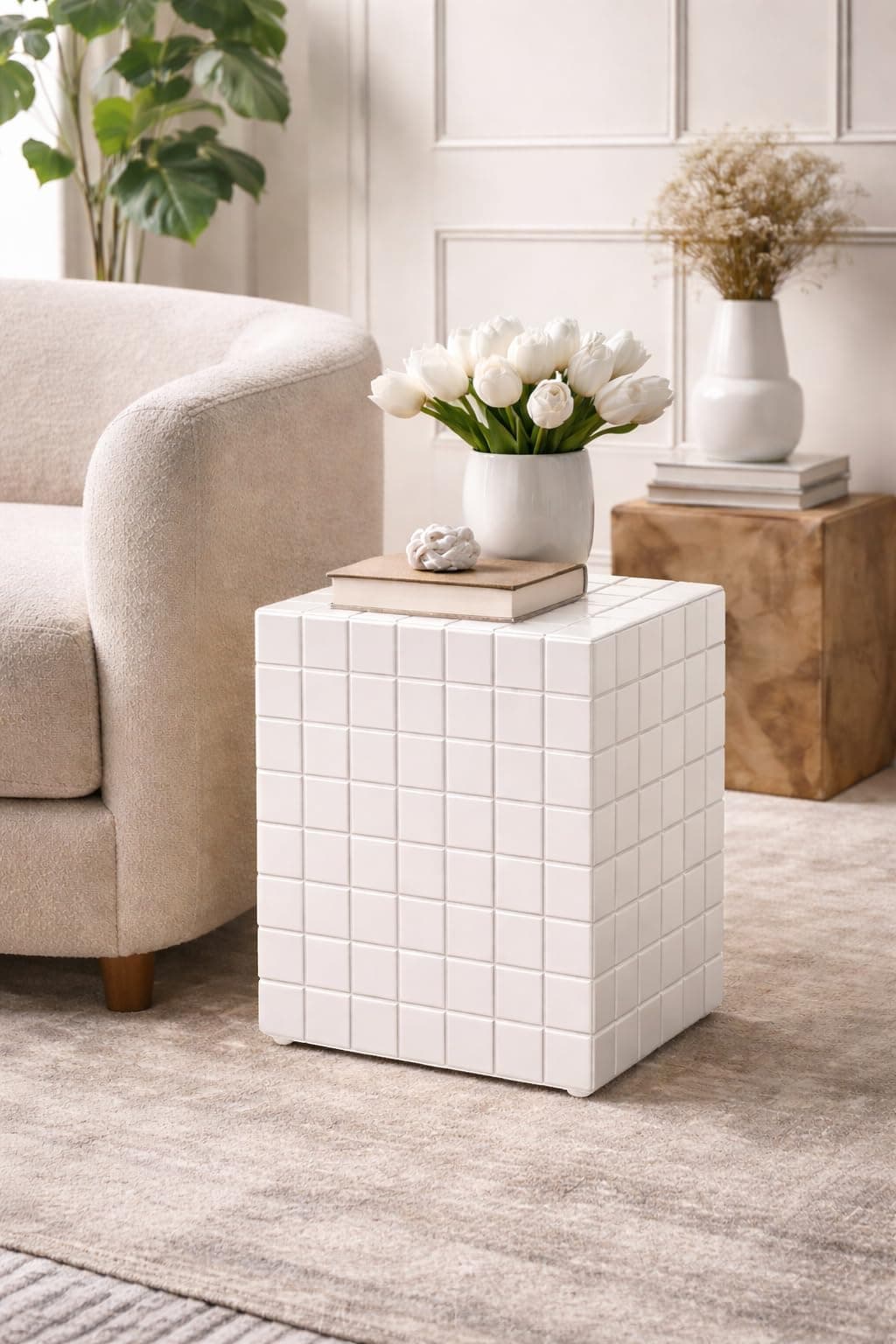 Device Bas with BROWN ART SHOPPEE Tiled Cube Accent Bedside Table Coffee Stand Home Storage Organizer For Living Room Bedroom (White, Engineered Wood)