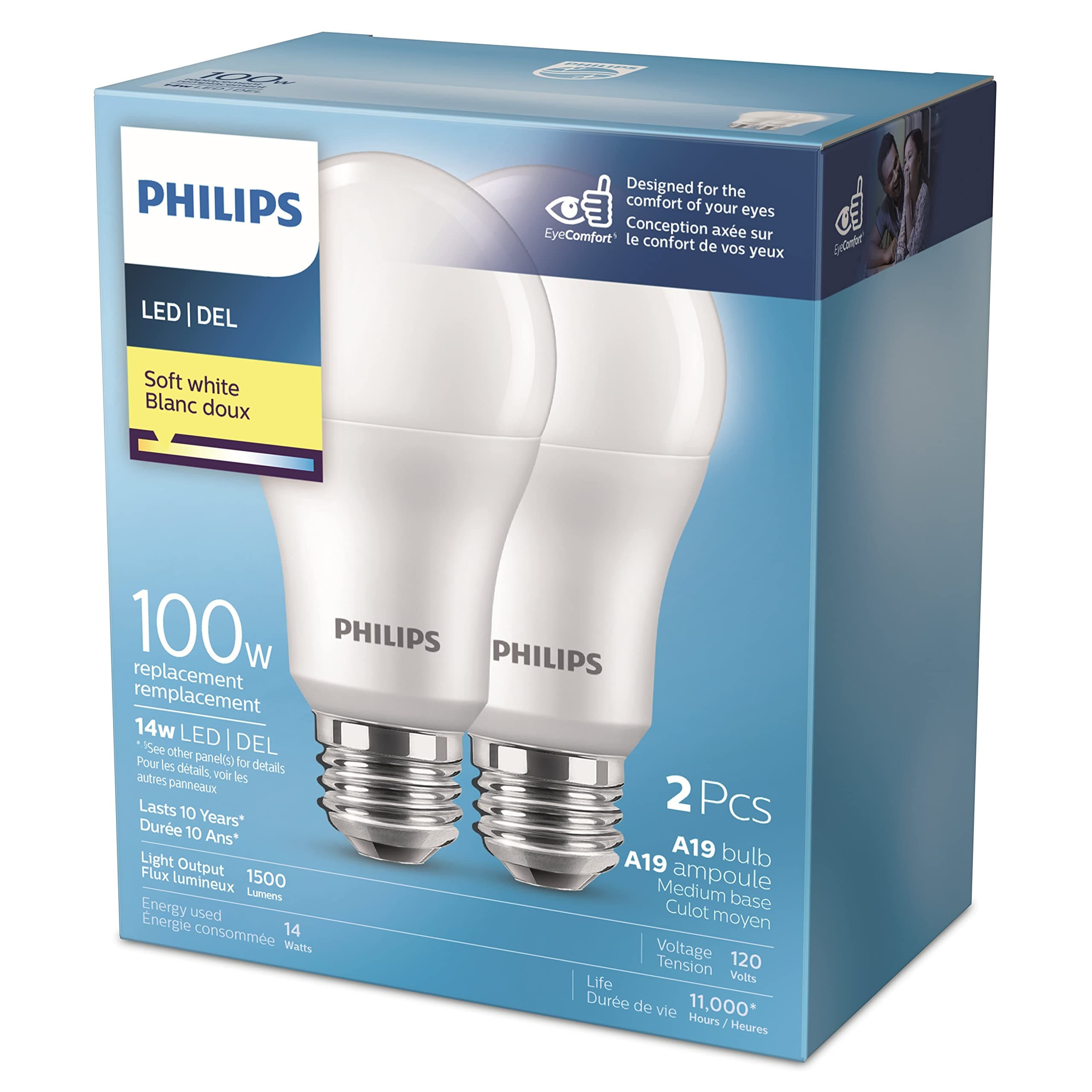 PHILIPS 14W A19 Medium Base Soft White LED Light Bulbs - 2 Pack