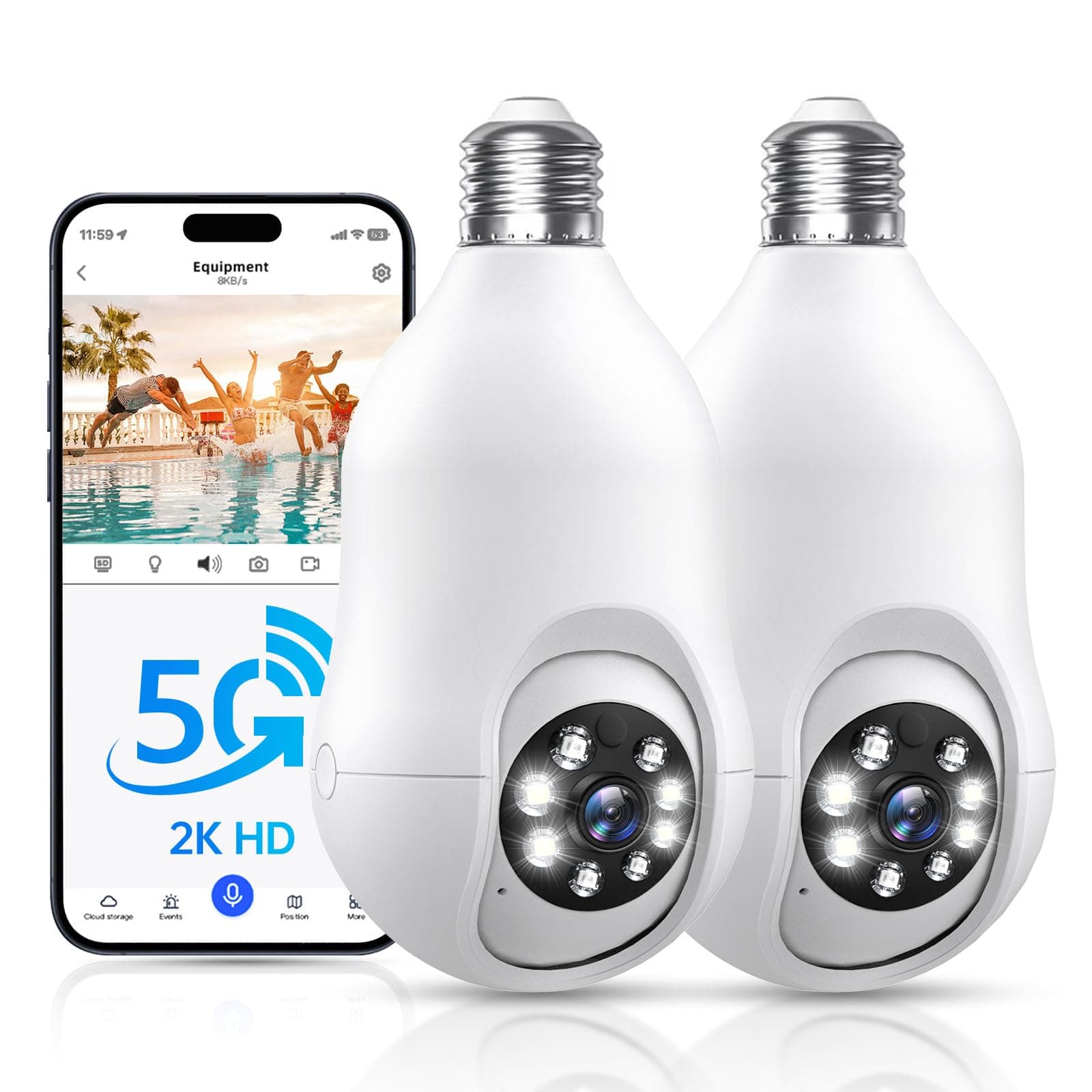 Light Bulb Security Camera 2 Pack, 5g/2.4ghz Lightbulb Security Cameras Wireless Outdoor EseeCloud, 2K 360 Front Porch Cam Screw in Light Socket Motion Sensor Color Night Vision 2-Way Audio