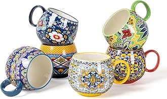 - HENXFEN LEAD Boho Ceramic Coffee Mugs Set of 6 – 20 oz Large Porcelain Cups for Latte, Cappuccino, Tea, Cocoa & Soup – Microwave & Dishwasher Safe