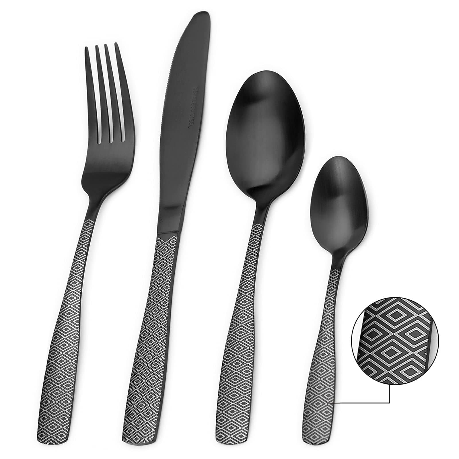 Tableware Set - Stainless Steel Flatware & Silverware Set for 4, Dishwasher Safe & Easy Clean (Black Diamond, 32P)