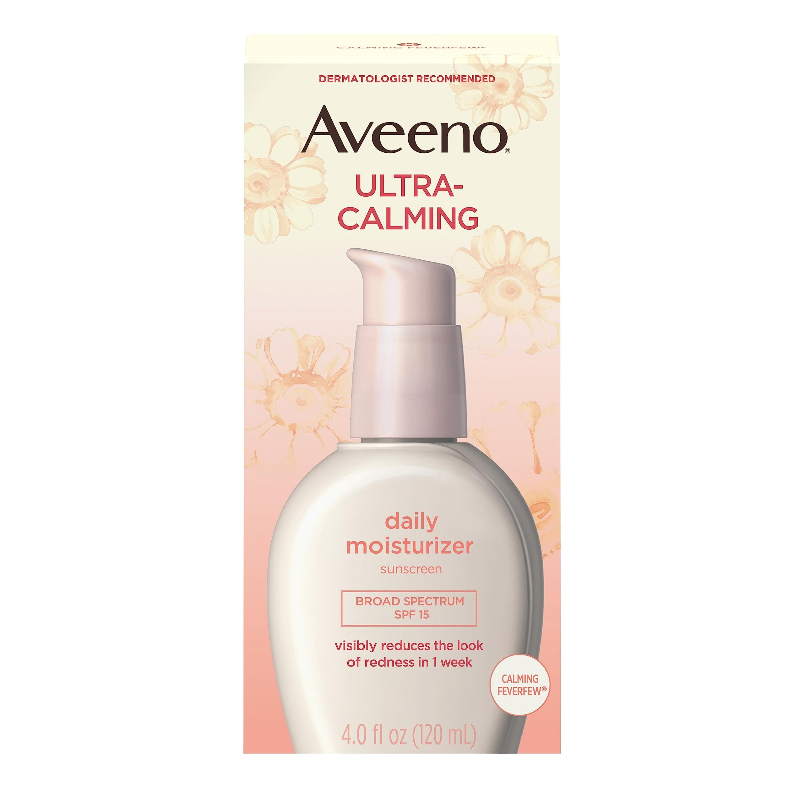 Aveeno Ultra-Calming Daily Facial Moisturizer for Sensitive, Dry Skin with Broad Spectrum SPF 15 Sunscreen, Feverfew & Nourishing Oat, Oil-Free and Hypoallergenic, Basic, Unscented, 4 Fl Oz