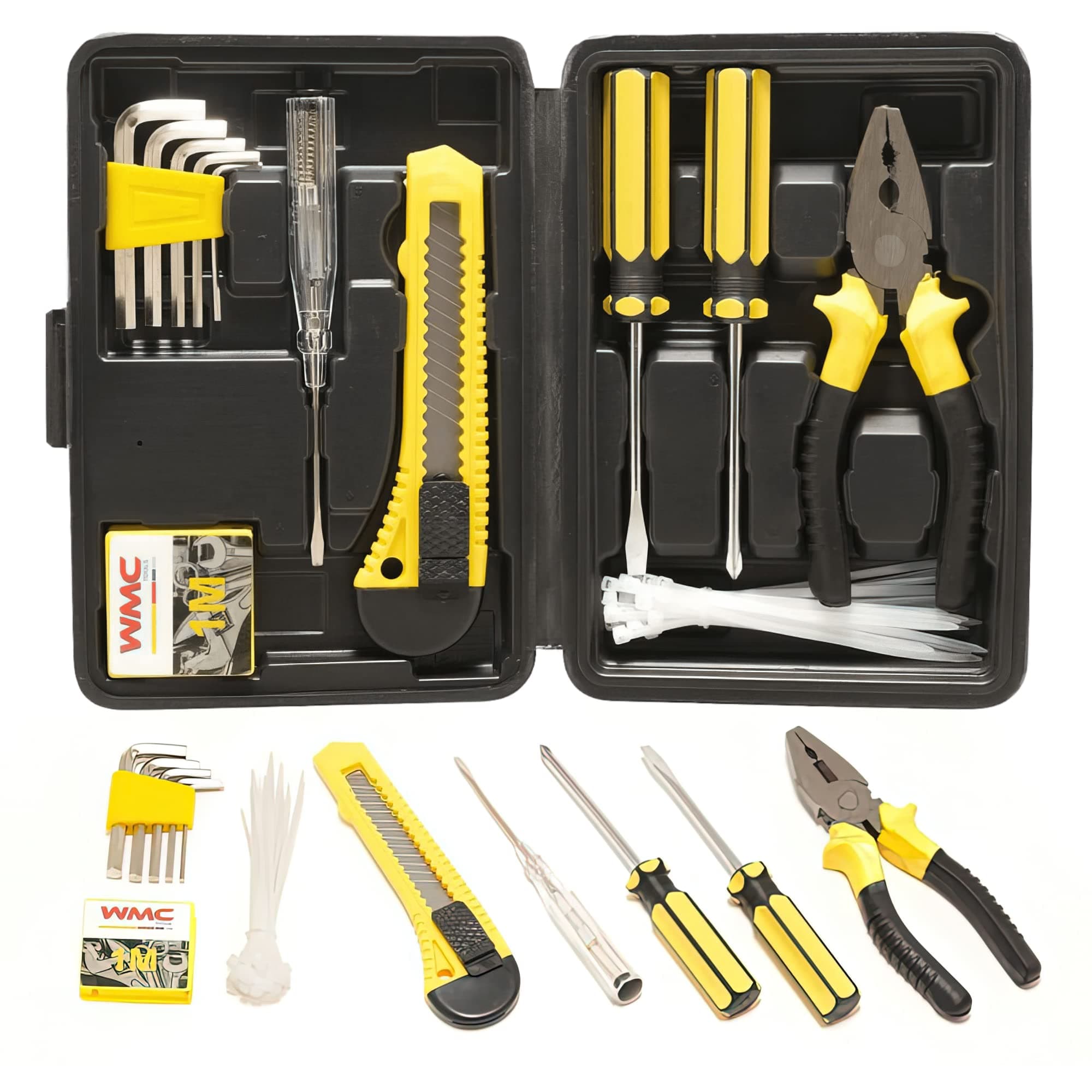 WMC TOOLS Screwdriver Set 42 Pieces Includes Pliers, Wrenches, Screwdrivers, Tape for Home Repair in a Case