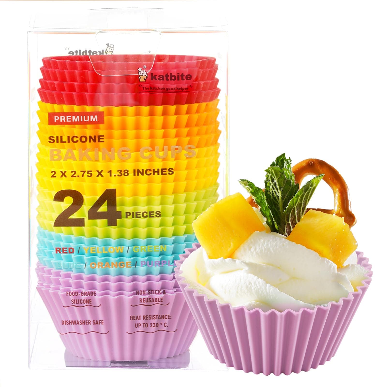 Katbite Silicone Cupcake Baking Cups 24 Pack,Reusable Non-stick Heavy Duty Cupcake Liners Muffins Cups for Party Halloween Christmas with 10Pcs Stars Accessories