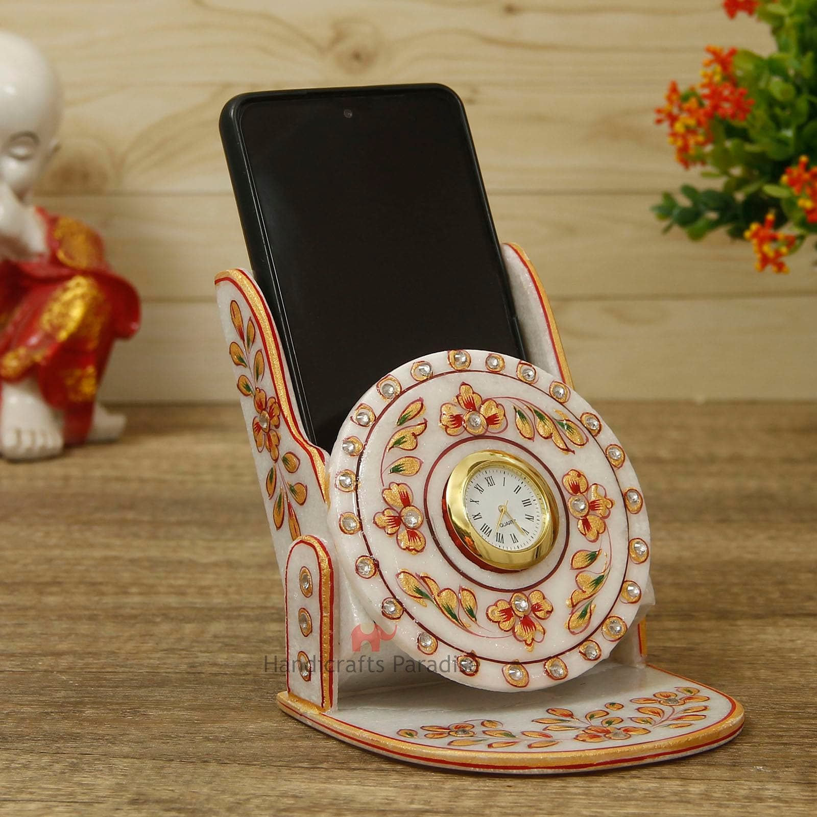 Rajasthani Marble Mobile Holder with Clock