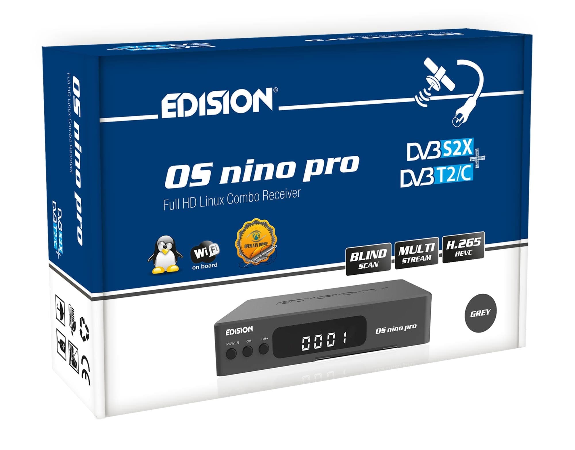 Edision OS NINO PRO Full HD Linux E2 Combo Receiver H.265 / HEVC (1x DVB-S2X, 1x DVB-T2/C, Multistream, Blind Scan, WLAN onboard, Bluetooth onboard, 2x USB, HDMI, LAN, Linux, Card Reader) (Grey)