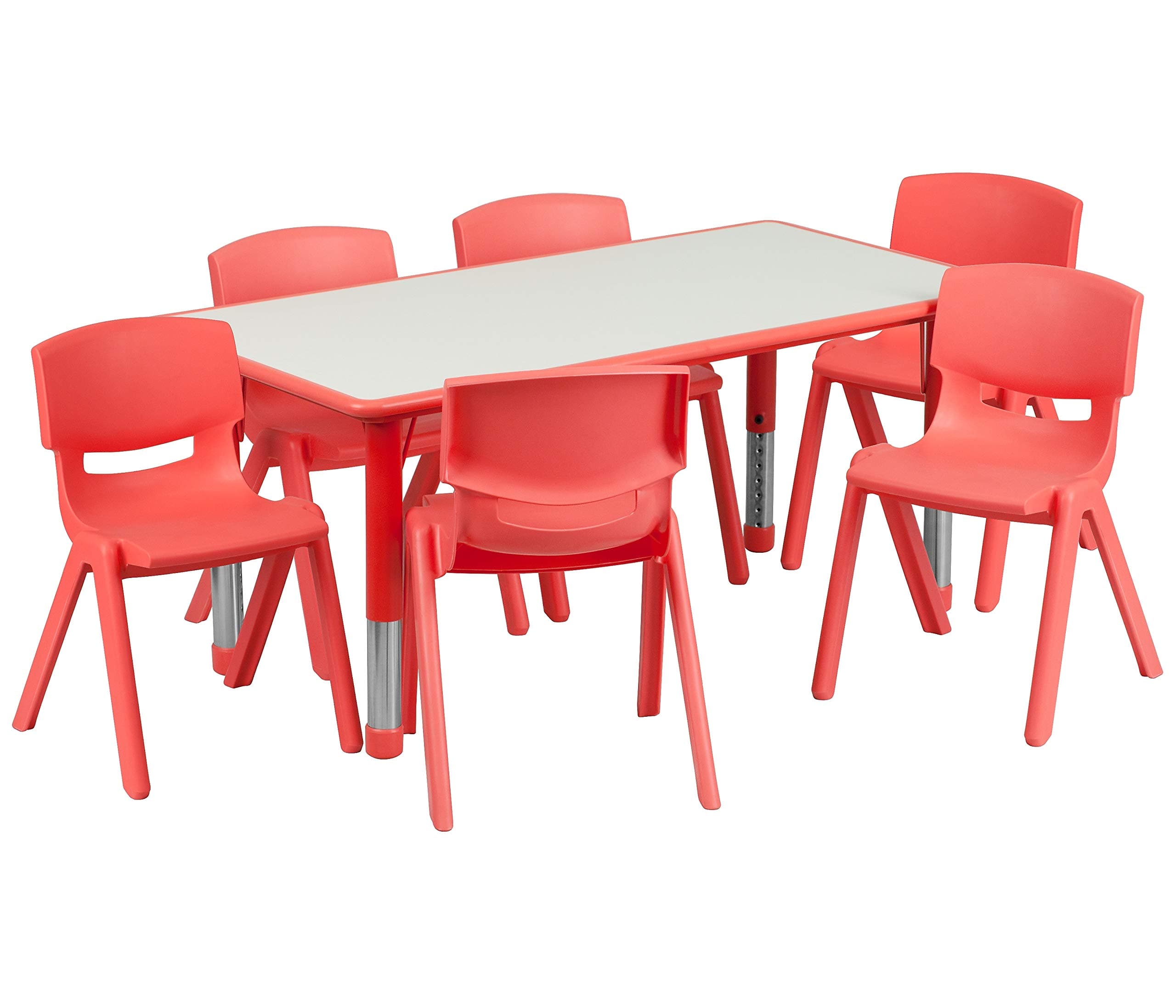 Flash Furniture Emmy Adjustable Classroom Activity Table with 6 Stackable Chairs, Rectangular Plastic Activity Table for Kids, 23.625" W x 47.25" L, Red/Gray