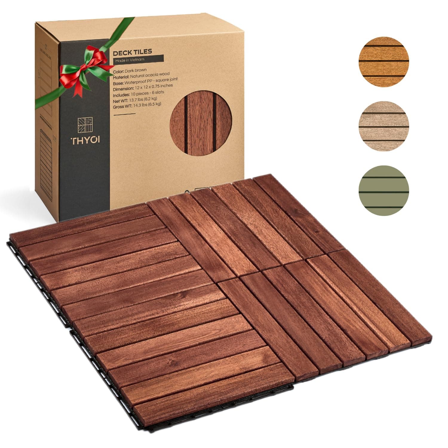 THYOI10 Pcs Wood Deck Tiles Square Joint with Stripe Pattern in Dark Brown Colour (6 Slats, 12” x 12”)
