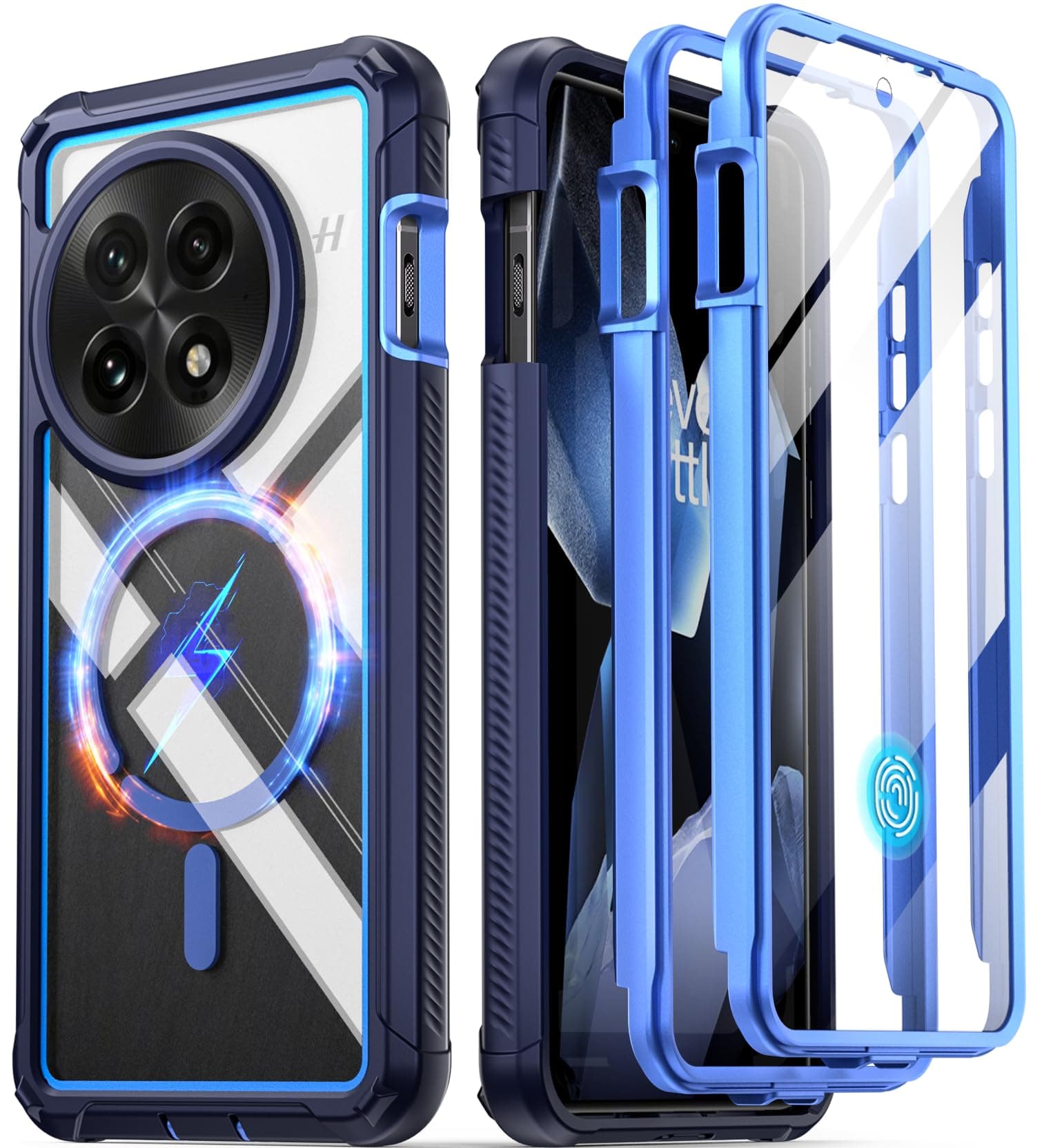 Guardian Case for OnePlus 13 5G, Built-in Screen Protector [Works with Fingerprint ID], [2 Front Frames] Shockproof Heavy Duty Clear Full Body Protective Case, Blue/Clear