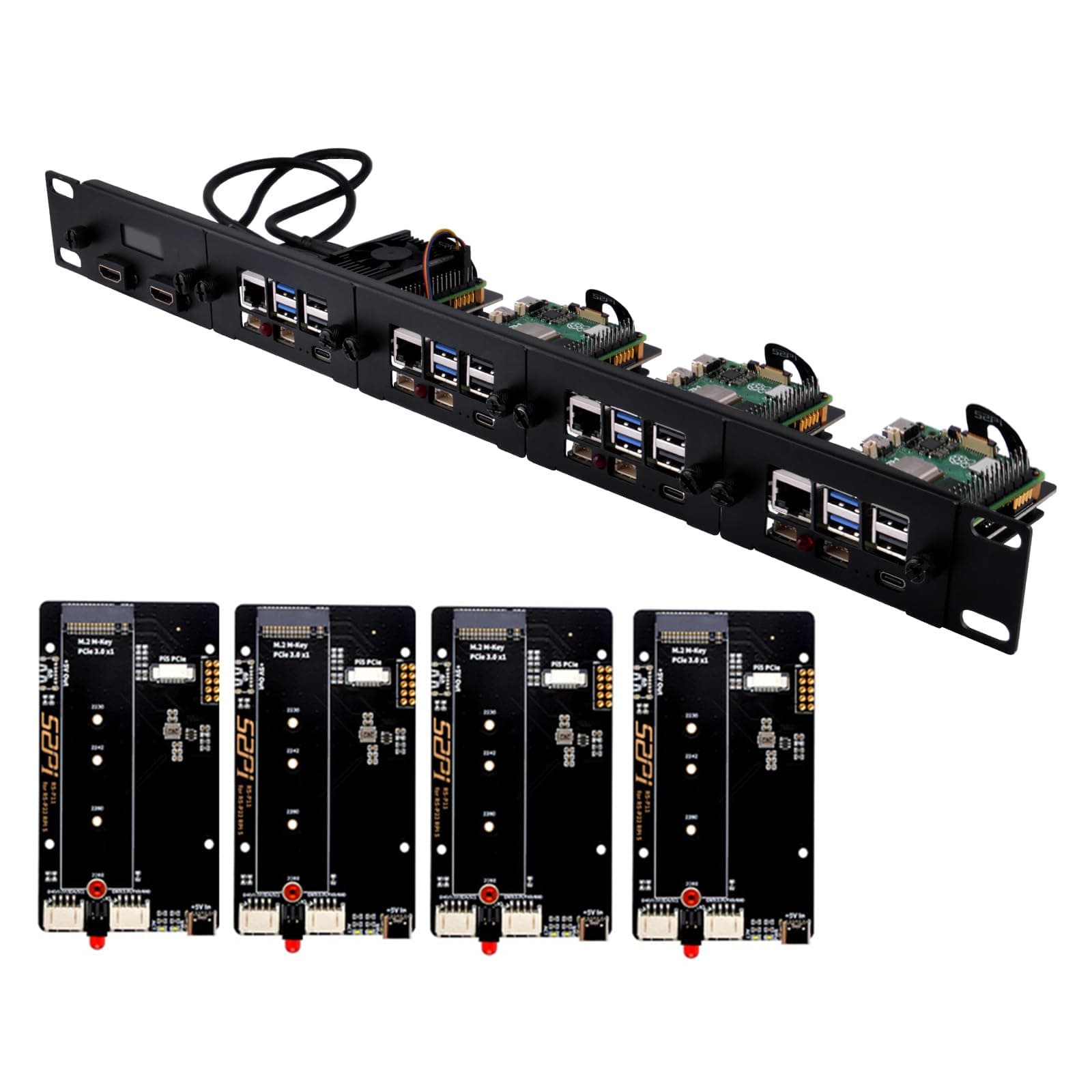 GeeekPi 1U Rack Mount for Raspberry Pi 5/4B, with 4PCS PCIe to M.2 NVMe SSD Adapters and OLED Display, Compatible with 19 Inch Server Rack