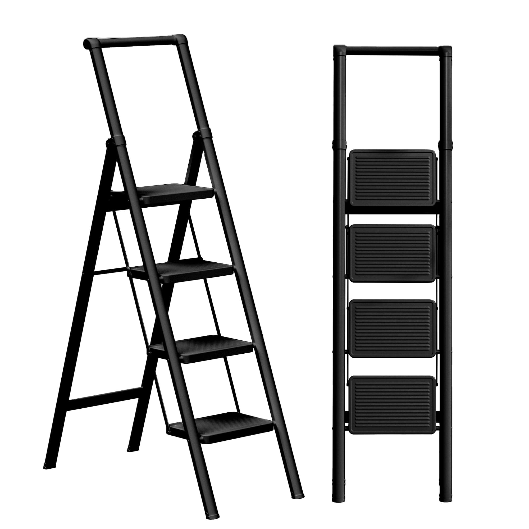 GameGem 4 Step Ladder Folding Iron Step Stool Stepladders with Anti-Slip and Wide Pedal for Home and Kitchen Use Space Saving (Black)
