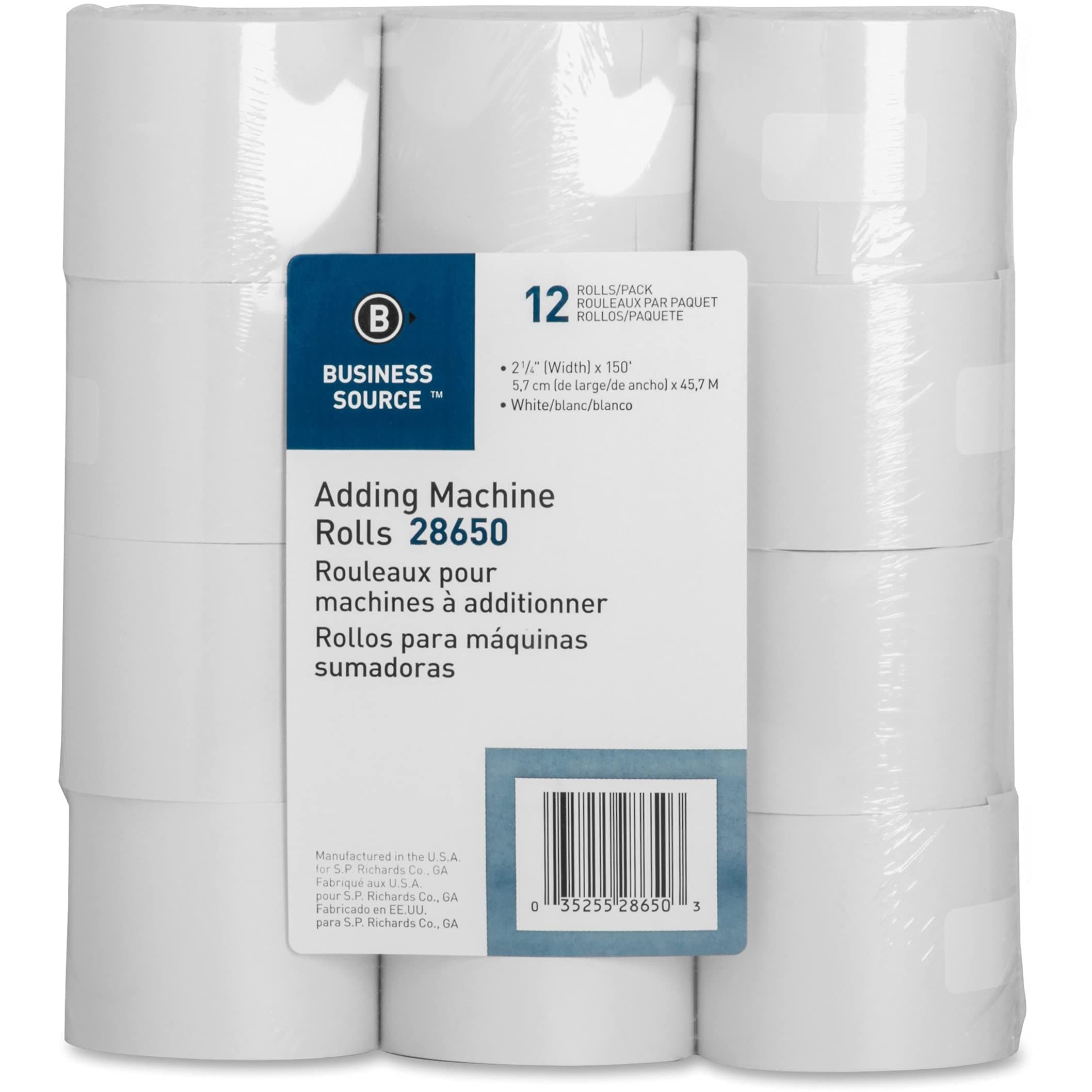 Business Source Bsn28650 Adding Machine Paper Rolls 2.25 In. X 150 Ft. 12-Pk White
