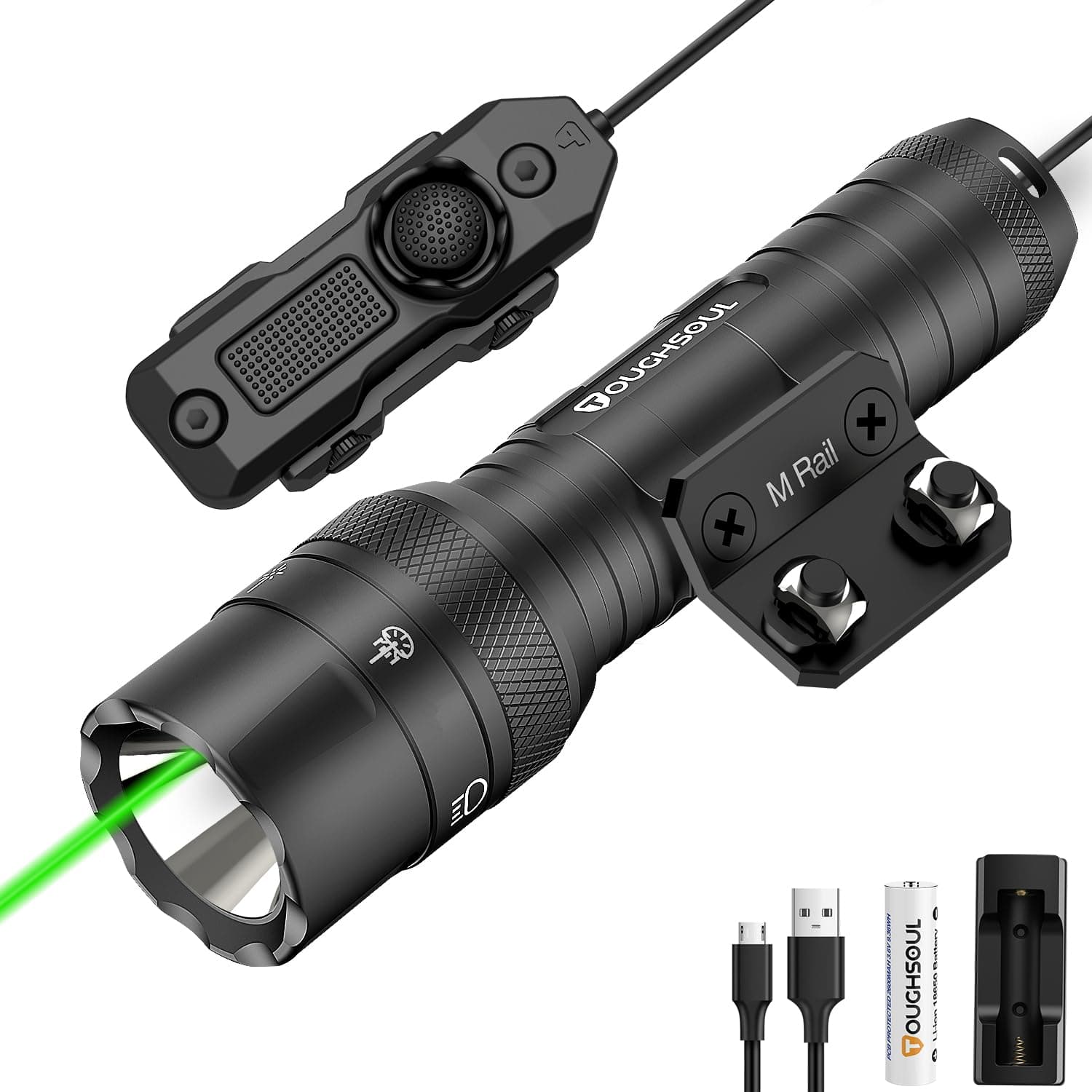 TOUGHSOUL M-Rail Green Laser Tactical Flashlight 1250 Lumens, Rechargeable Flashlight with Remote Pressure Switch LED Light with Rechargeable Batteries and Charger Included (M-Rail-Light+Laser)