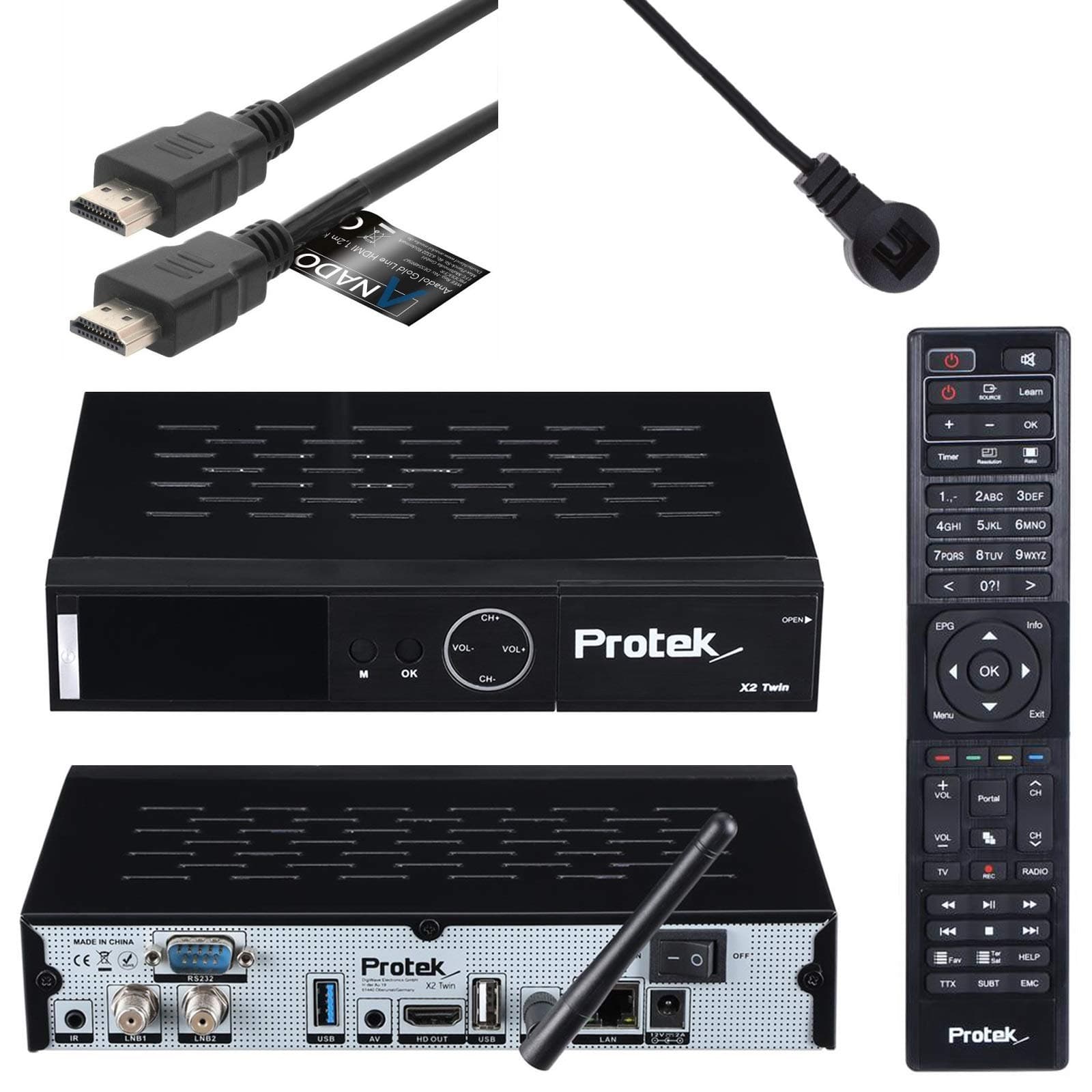 Protek X2 4K UHD Twin SAT Receiver - E2 Linux - 2x DVB-S2 Tuner - WiFi WLAN, Infrared Sensor, USB 2.0 & 3.0, Multistream, HDTV, 2160p, HDR + Anadol HDMI Cable [Astra & Hotbird Pre-programmed]