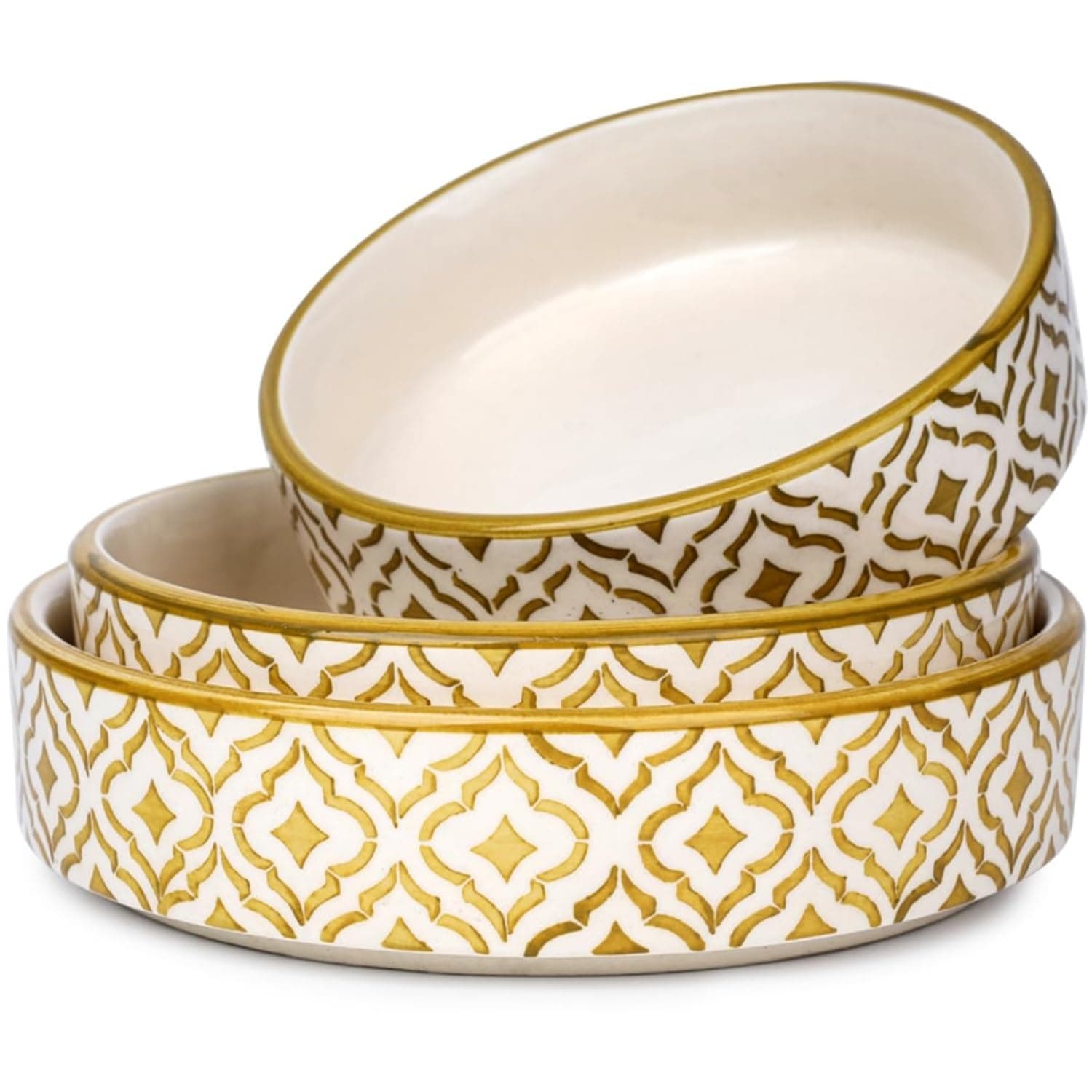 SEPARATE WAY Ceramic Bowls | Flat Deep Serving Bowl Set of 3 – 800ml, 600ml, 500ml | Glossy Moroccan Golden Finish | Ideal for Pasta, Salad, Snacks & More | Multipurpose Serving Bowl Ceramic Set