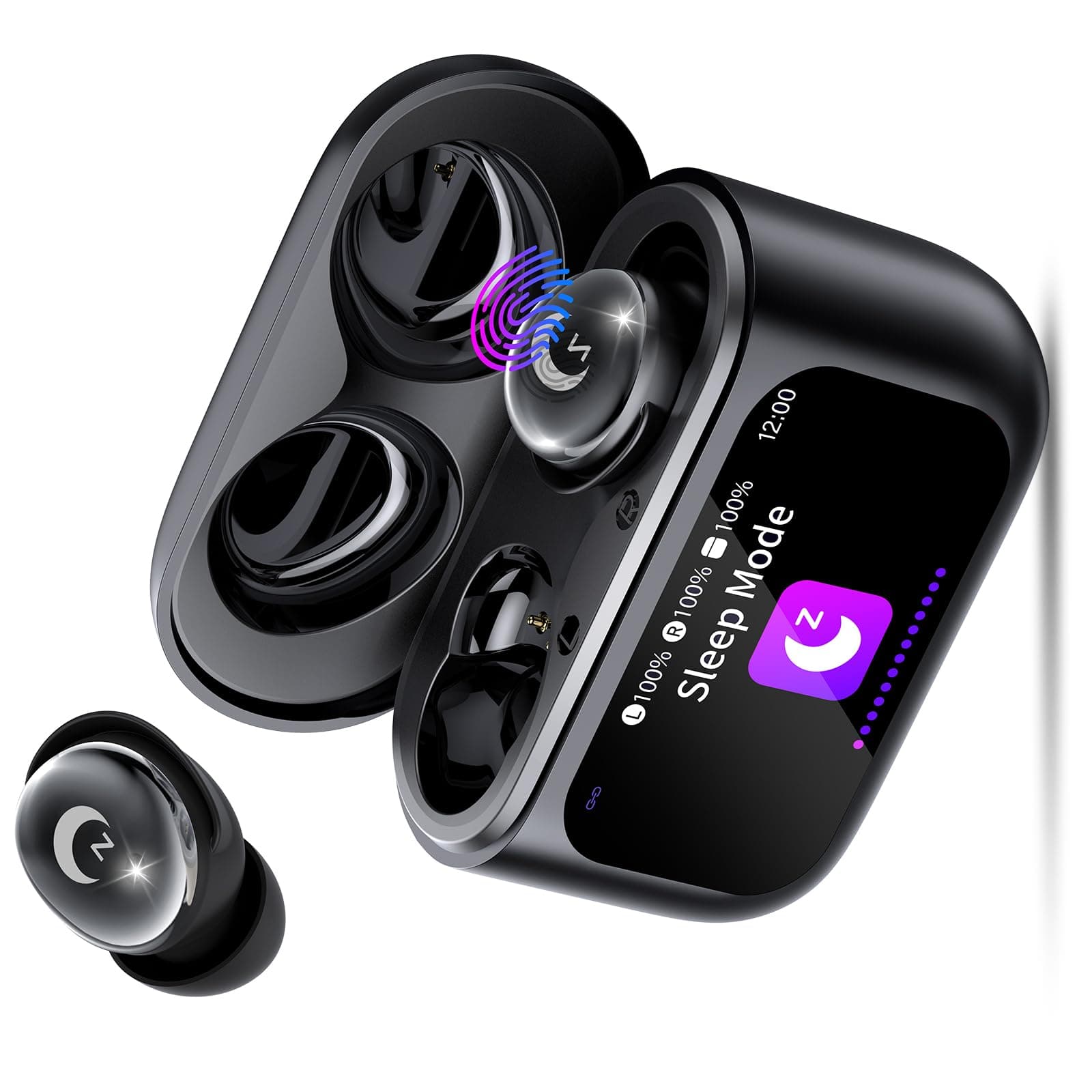 Wireless Earbuds with Smart Touch Screen, Mini Sleep Earbuds Bluetooth 5.4 Headphones In Ear Black