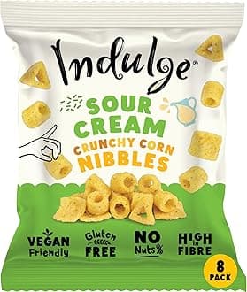 Indulge - Crunchy Corn Nibbles - Sour Cream Flavour - Gluten Free, Low Salt, Low Fat, Nut Free, Vegan - 20g x 8 bags (20g (Pack of 8), Sour Cream)