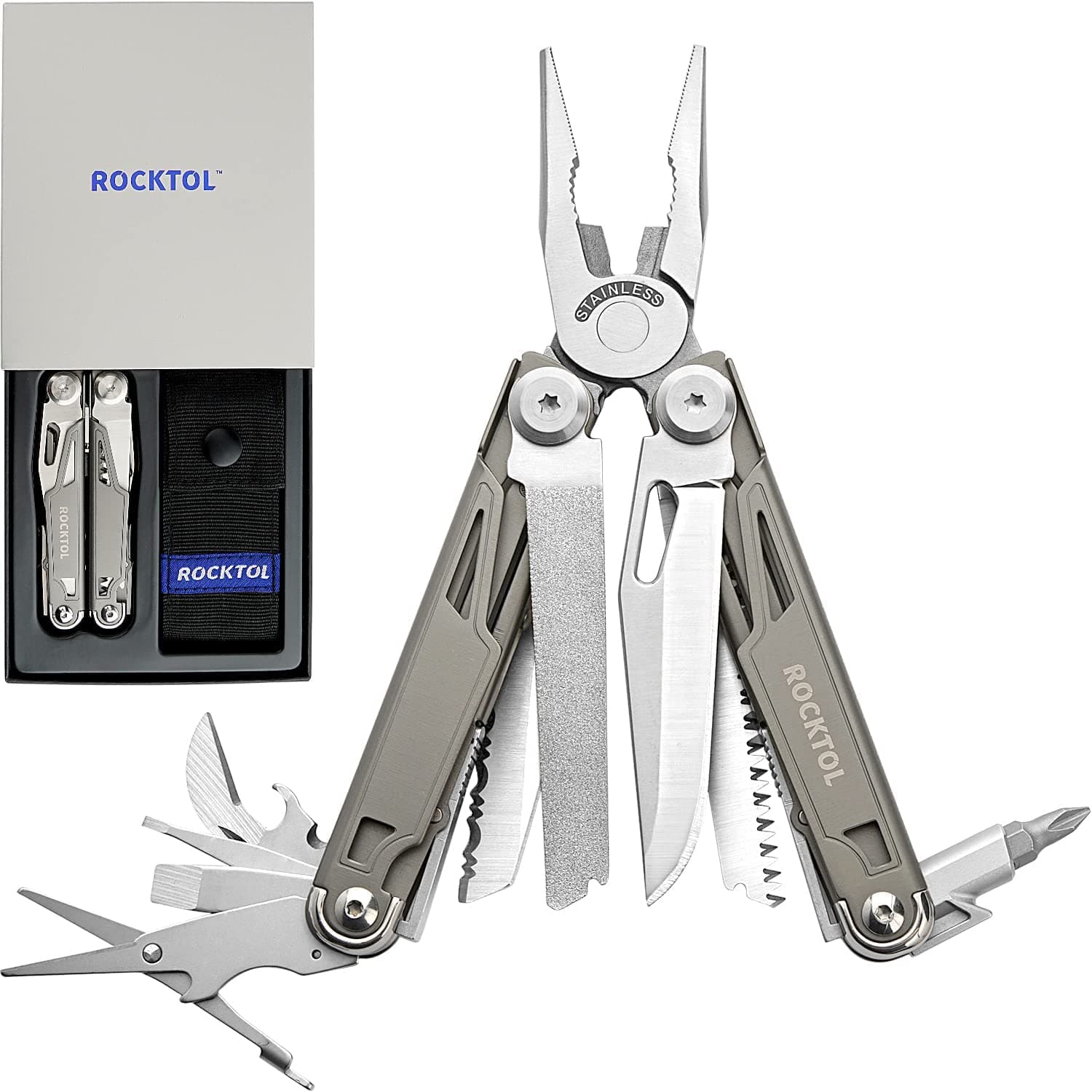 ROCKTOL Multitool,19-in-1 Multitool Pliers with Titanium-plated Handle, Safety Locking, Lightweight EDC Tool and Nylon Sheath for Men,Outdoor Survival,Hiking,Camping