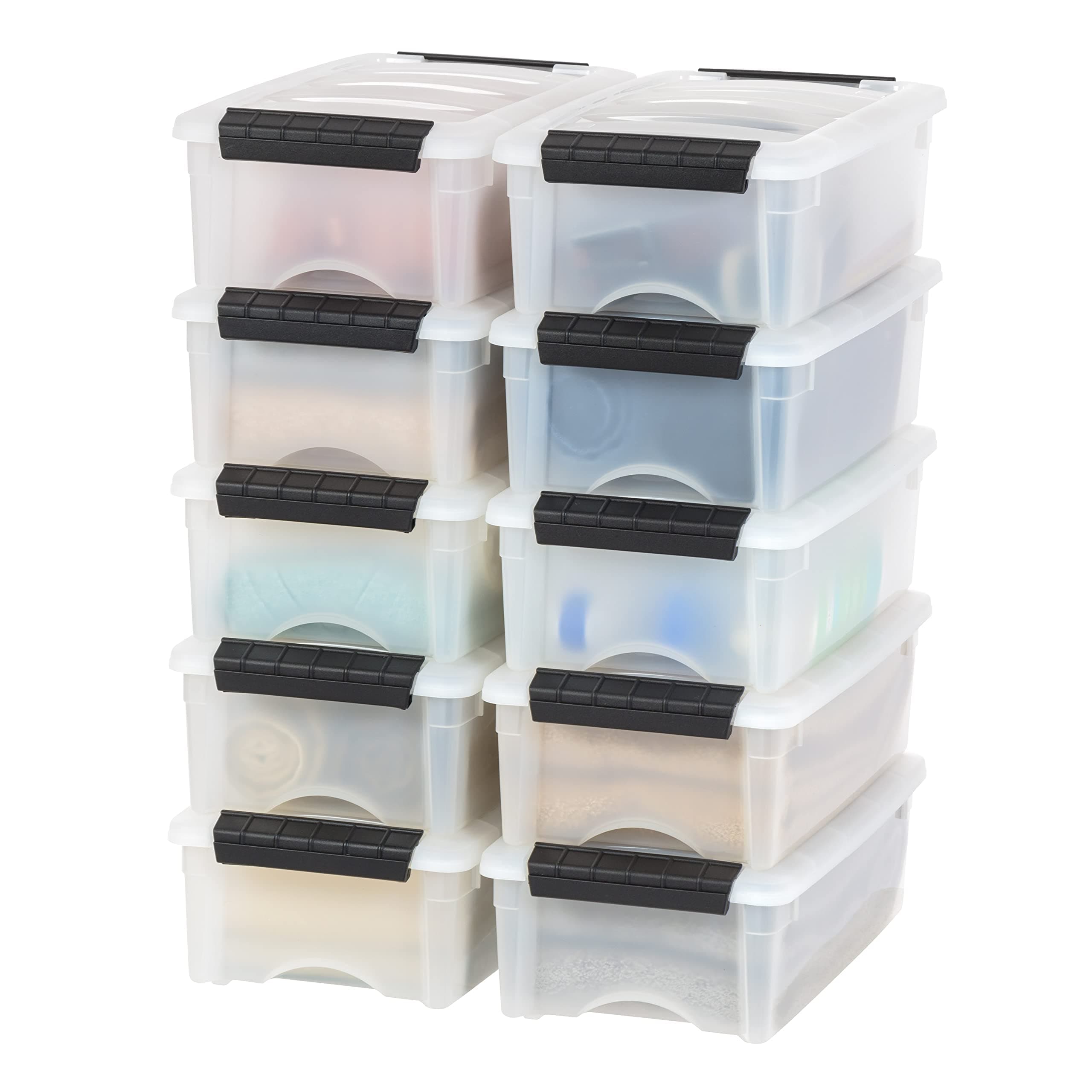 6 Qt Stackable Plastic Storage Bins with Lids, 10 Pack - BPA-Free, Made in USA - Discreet Organizing Solution, Latches, Durable Nestable Containers, Secure Pull Handle - Pearl