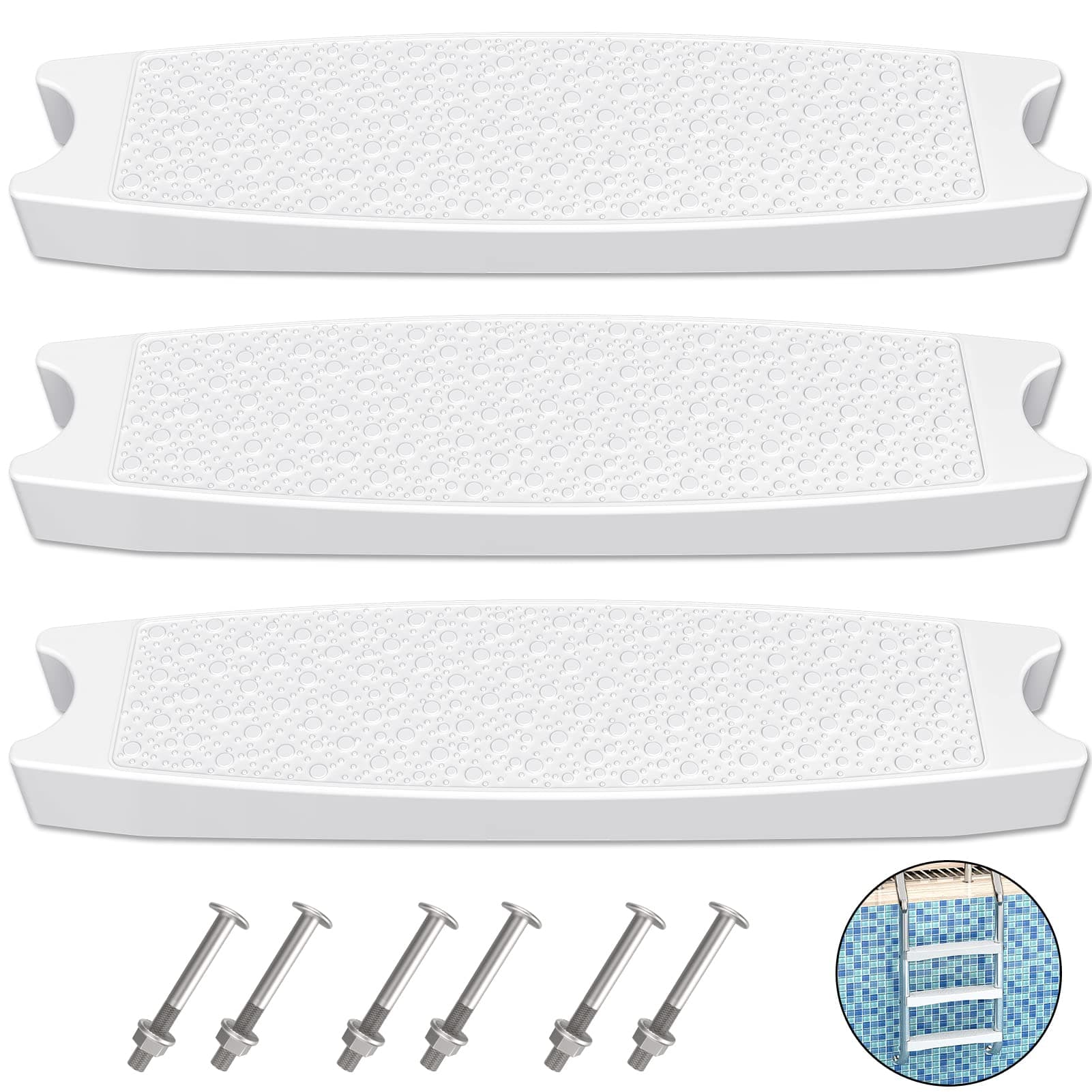 Goovilla Pool Ladder Steps Replacement, (3-Pack) 18" Universal Heavy-Duty Molded Plastic Swimming Pool Ladder Rung Step with 6 PCS Stainless Steel Bolts for Inground and Above Ground Pools, White