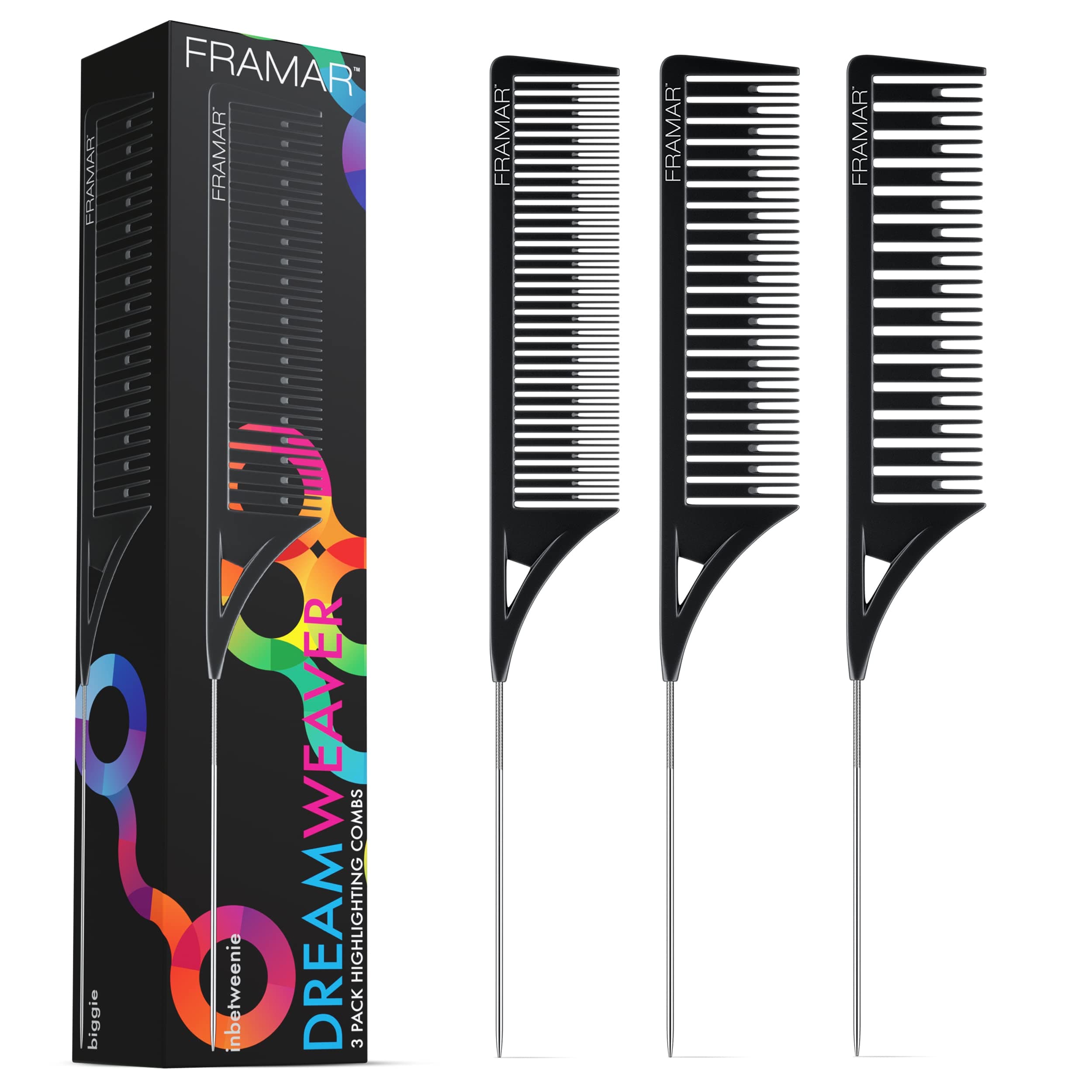 FRAMAR Dreamweaver Highlight Comb Set - Professional Highlighting Comb With Parting Tip, Foiling Combs For Highlighting, Highlight Combs For Highlighting – 3 Pack Black