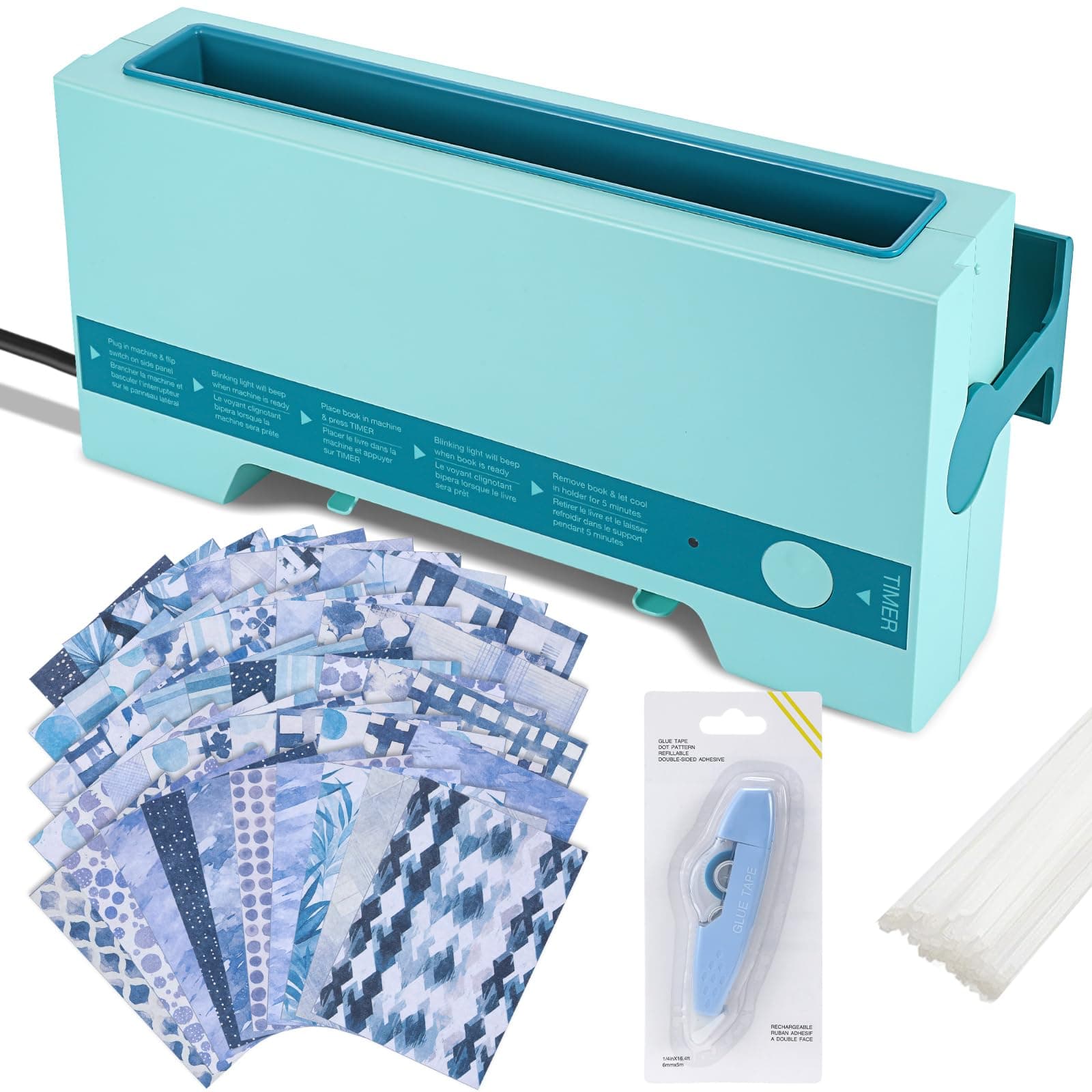 Thermal Binding Machine Kit Includes 110v Cinch Binding Machine Double Sided Tape Dots 20 Glue Strips 50 Scrapbook Paper for DIY Journals Notebooks Photo Books Documents (Blue,Classic)
