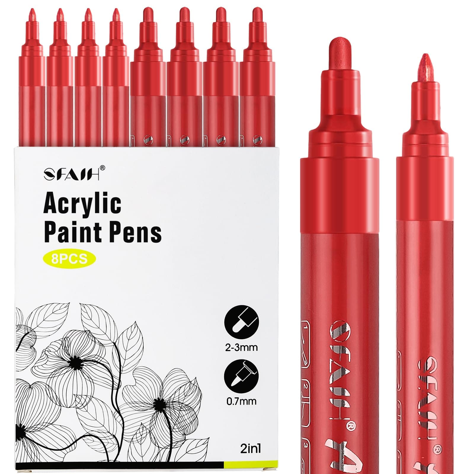 Acrylic Red Paint Pens - 8 Pack 2-3MM Medium Tip & 0.7MM Extra Fine White Paint Marker for Rock Painting, Wood, Metal, Fabric, Canvas, Glass, Ceramic, Diy Crafts