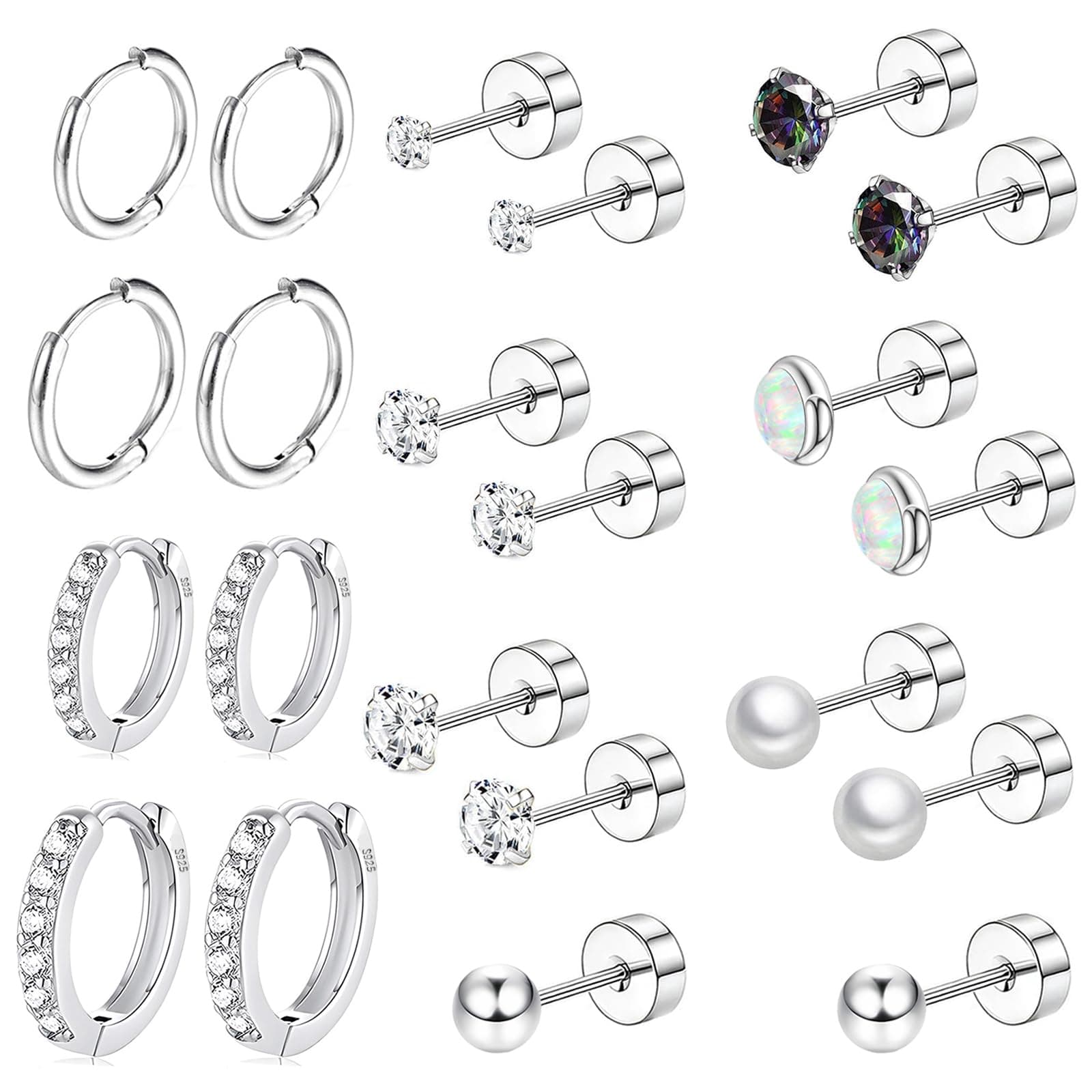 Surgical Steel Flat Back Earrings Set for Multiple Piercing Sensitive Ears,Sterling Silver Hypoallergenic Small Cartilage Huggie Hoop Earrings Titanium Tiny CZ Pearl Opal Stud Earrings for Women