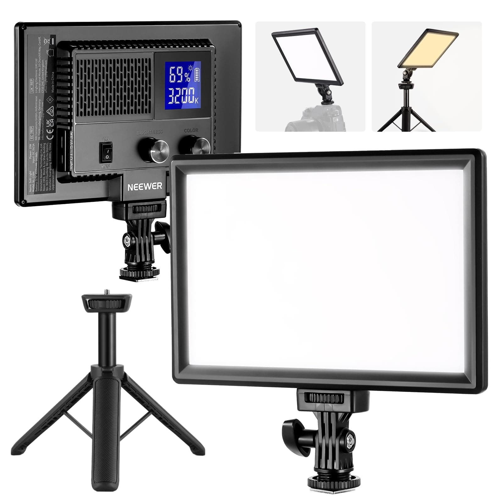 – NEEWER 9" LED Video Light Panel, Dimmable DSLR Camera Soft Light with Mini Tripod, 4000mAh Battery, USB Type C Ports, 3200K~5600K CRI95+ 600Lux for Photography Video Recording Live Streaming, NL-116AI