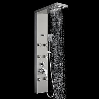 ROVOGO 6 Body Jets Shower Panel System with Rainfall Waterfall Shower Head and Handheld, Shower Tower Column with Temperature Display in Brushed Stainless Steel
