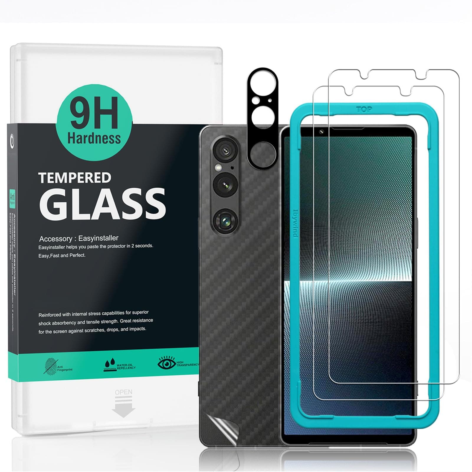 – For Sony Xperia 1 V 5G Screen Protector 6.5",2 Pack 9H Hardness Tempered Glass,With 1Pc Camera Lens Protector,1Pc Back Carbon Fiber Film,Easy to install