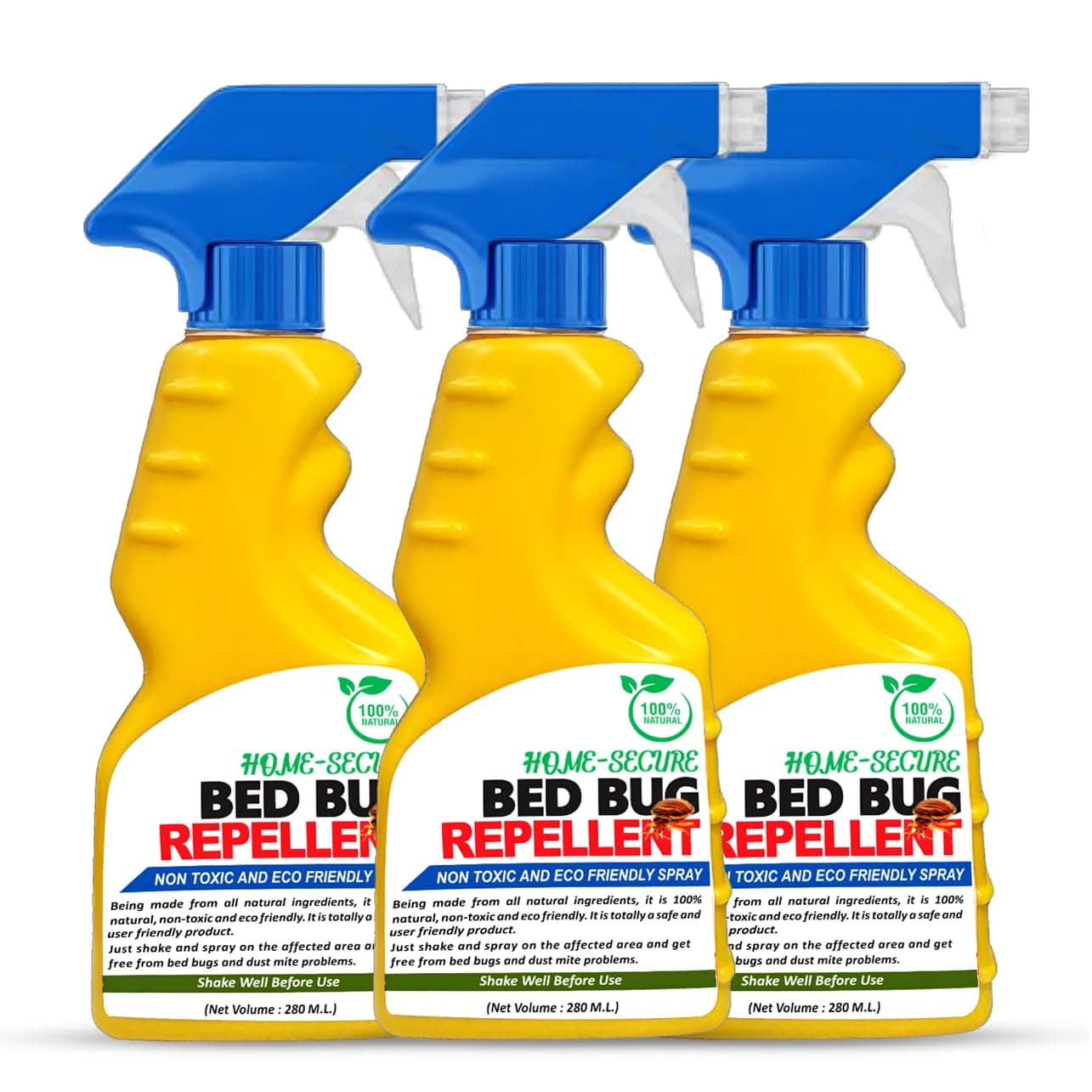 Home-secure Bed Bug Killer Spray| Natural Bed Bug Repellent | Instant Action Long Lasting Protection, Chemical-free, Eco-friendly, Insect Repellent, with Lime Scent (280 ml, Pack of 3)