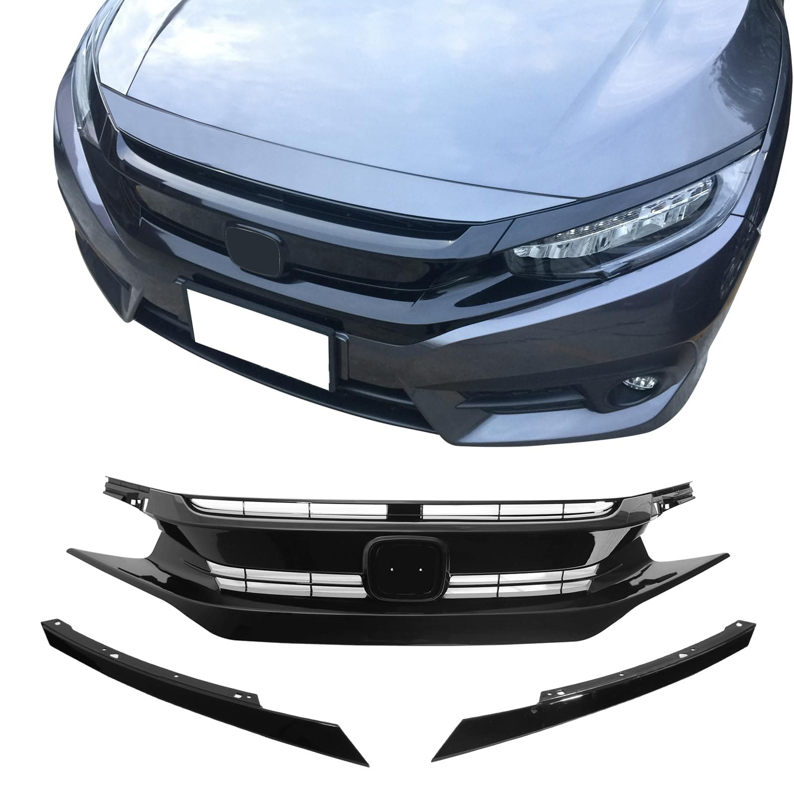 IKON MOTORSPORTS Front Upper Grille, Compatible with 2016-2018 Honda Civic, 2019-2021 Civic Hatchback SI Model, Factory Style Gloss Black ABS Front Bumper Hood Grill w/Eye Lid 3PCS Set