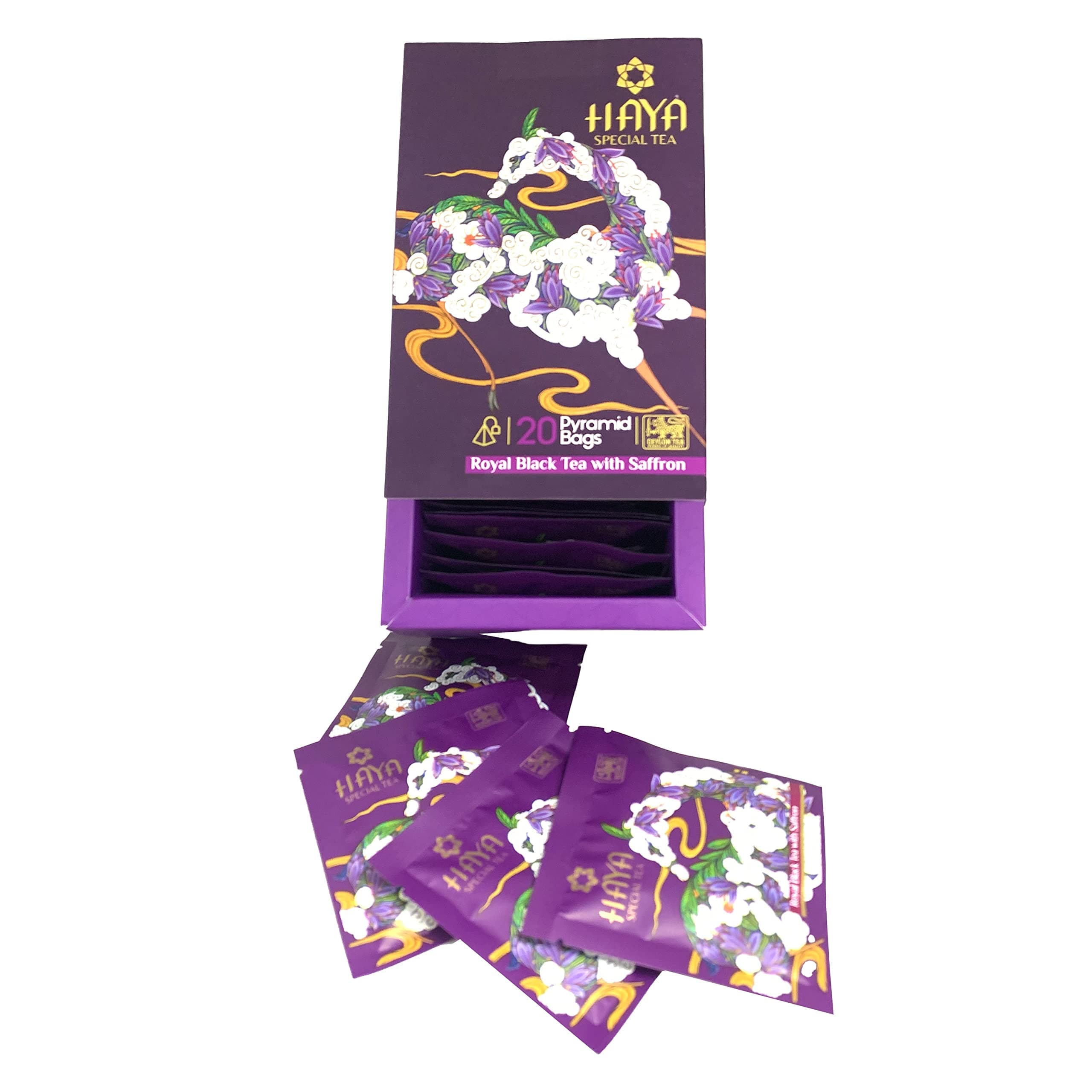Royal Black Tea With Saffron (20 Pyramid Tea bags)- Sri Lanka Pure Ceylon Organic Loose Leaf Tea Box- Natural, Stress Relief & Caffeine Free- Individually Wrapped