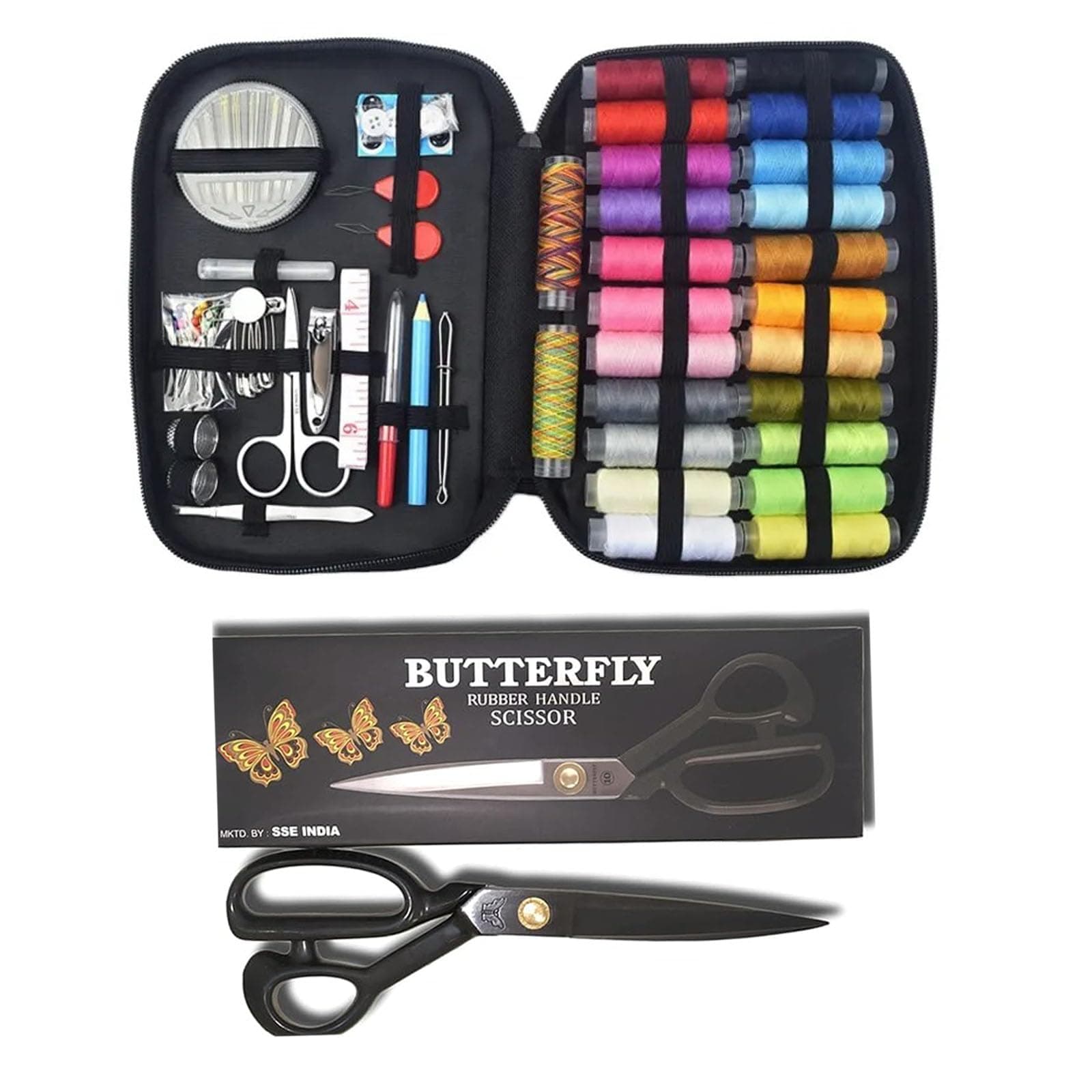 - Butterfly Sewing Kit Box | Tailoring Tools Combo with Accessories, Scissors, Thread, Needles, Measuring Tape | Sui Dhaga Portable, Stitching Items Box for Home, Ladies, Multipurpose, Travel, DIY