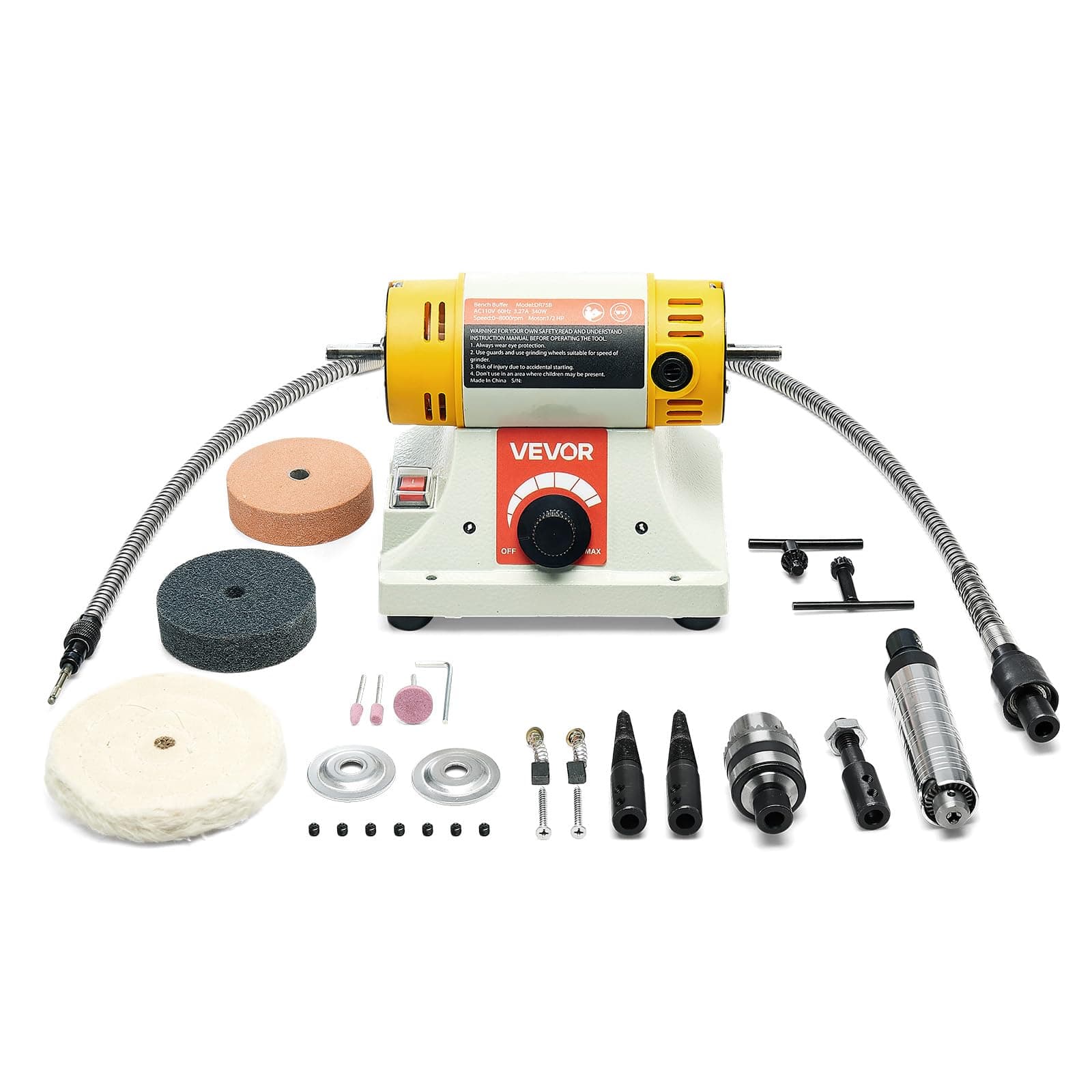 VEVOR Bench Buffer Polisher, 1/2HP Polishing Buffing Machine, 0 to 8000RPM Benchtop Polisher Grinder with 4" Cloth Wheel, 3" Grinding Wheel & 3" Fiber Wheel for Metal, Jewelry, Wood and Plastic