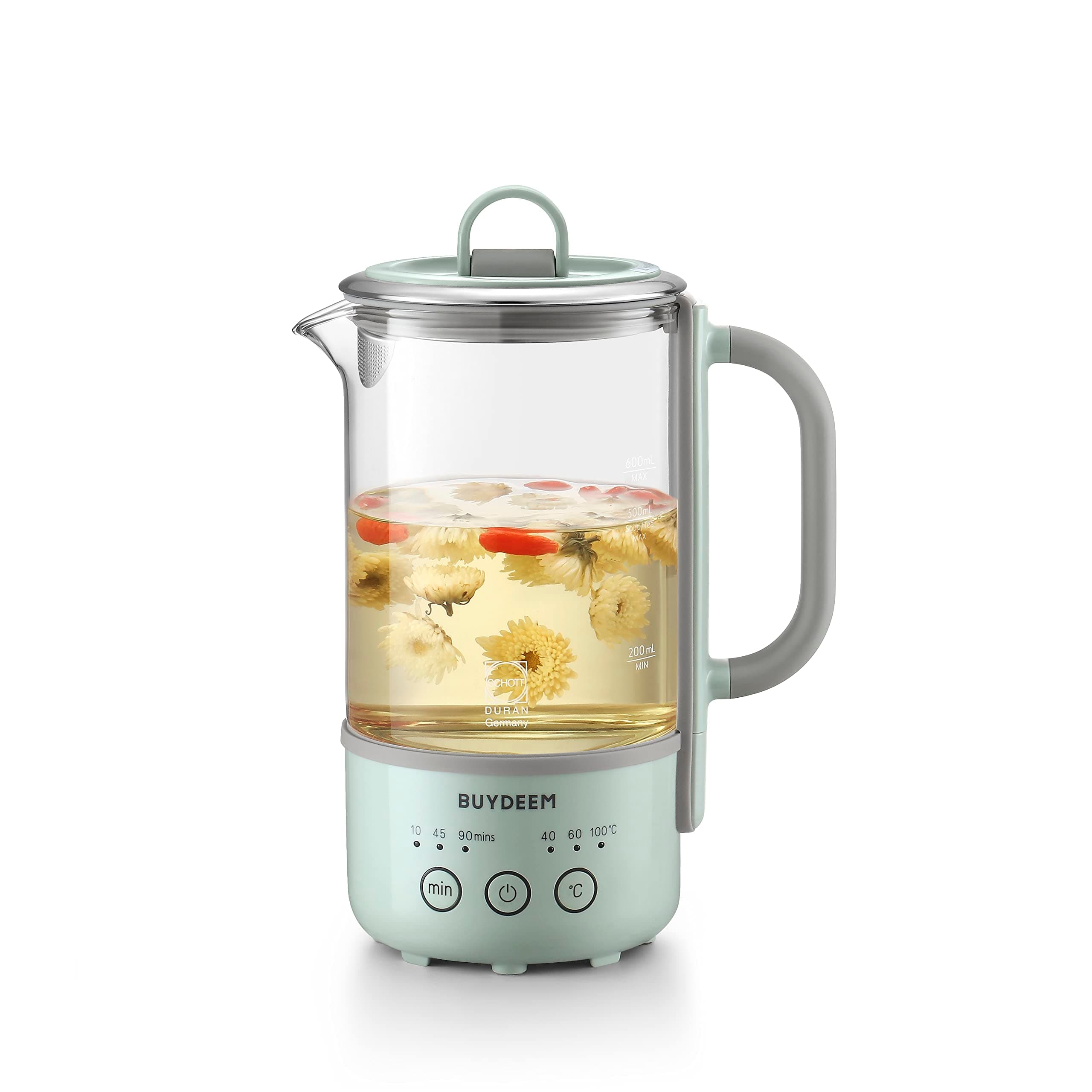 BUYDEEM K313 Travel Electric Kettle, Mini Healthy-Care Beverage Kettle, Tea Maker with Heat Resistant DURAN® Glass & Durable Pro 18/10 Pro Stainless Steel, 0.6L, Cozy Greenish