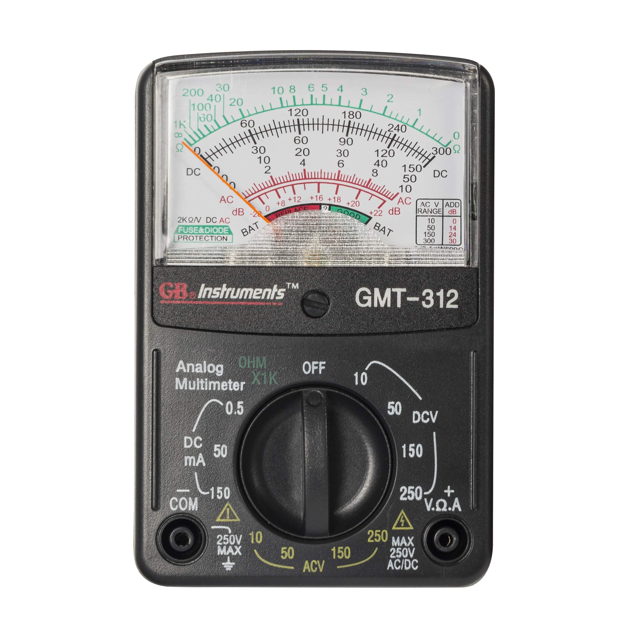 GMT-312 Analog Multimeter, 5 Function / 12 Range, 300V AC/DC, for AC/DC Voltage & Current, Resistance, Continuity & Batteries, Black