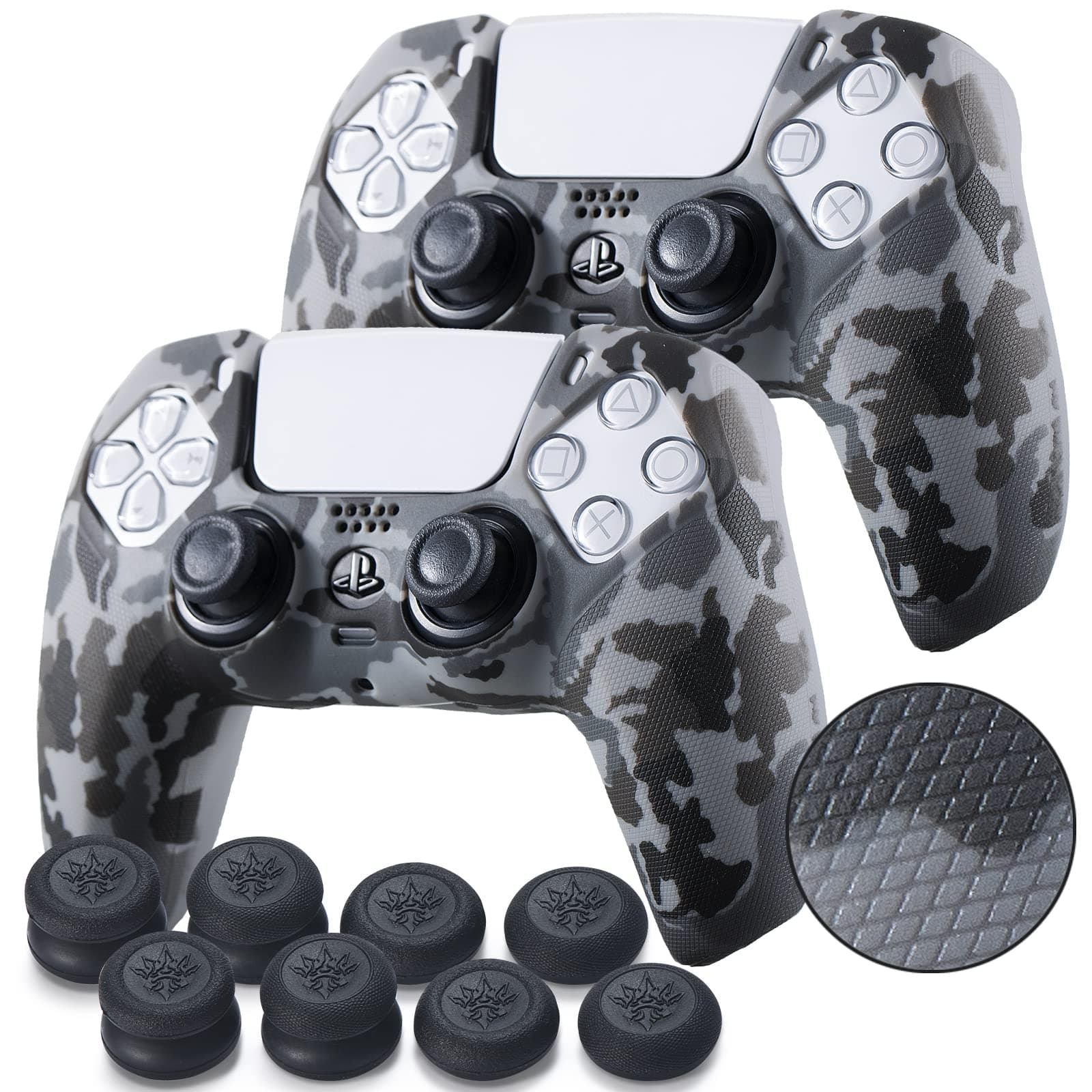 Grip Texture Silicone Skin for PS5 Controller x 2(Grey Camouflage) with Pro Thumb Grips x 8