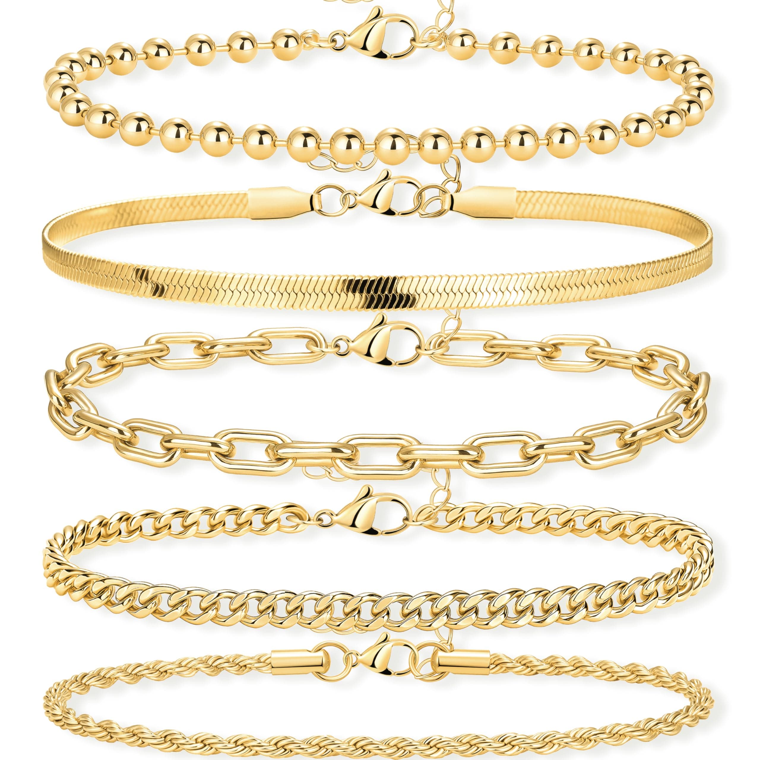 Gold Bracelets Set for Women Stack, Dainty Thick Bracelets Stack for Women Trendy, Simple Thin Gold Plated Cuff Stackable Bracelets With Beaded Cuban Paperclip Snake Rope Bangle Hand Chain Jewelry