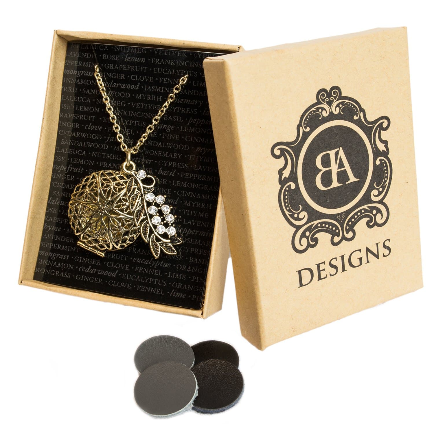 BA Designs Oil Diffuser Locket Necklace with 4 Leather Discs 30 Chain with Diamond Leaf - Antique Bronze