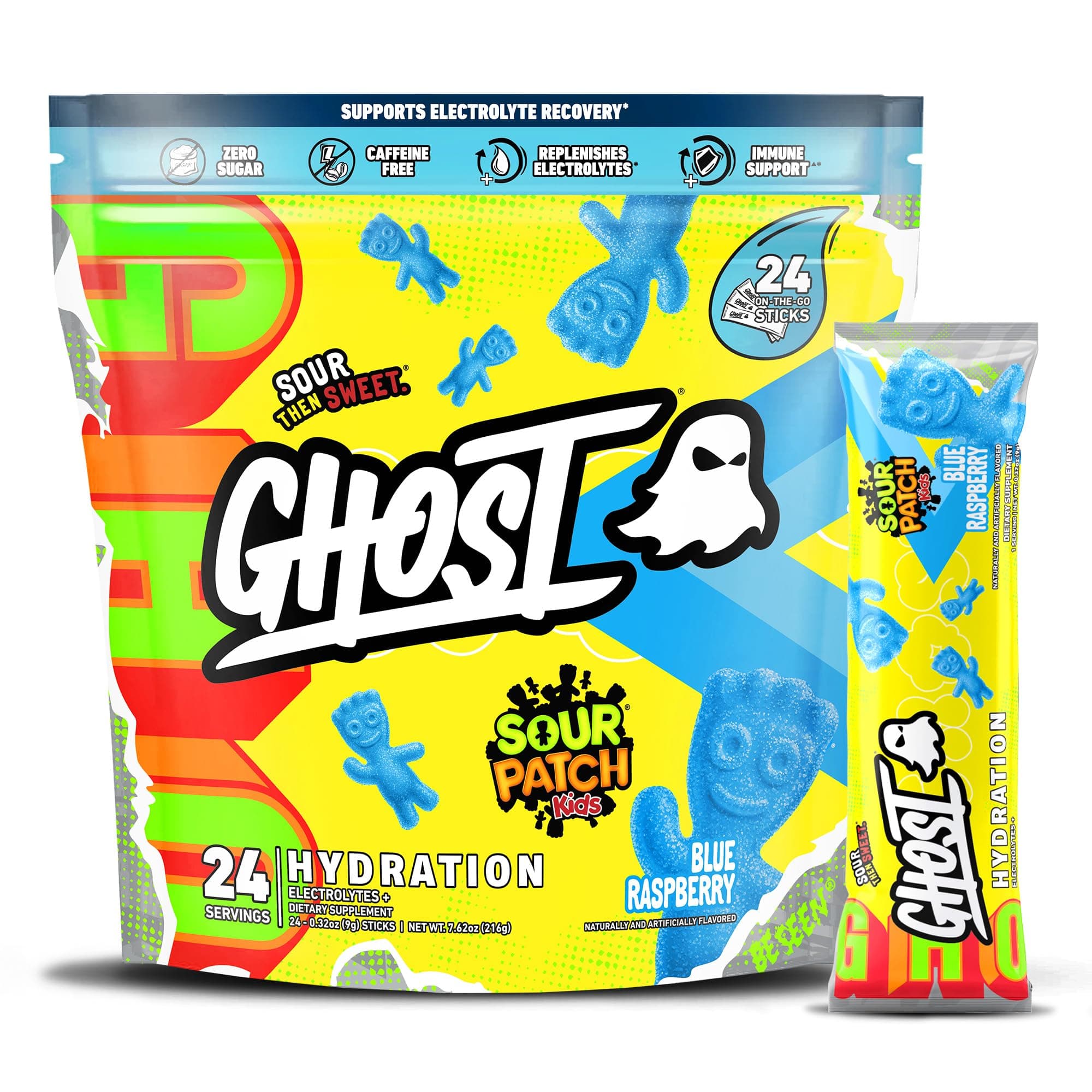 GHOST Hydration Packets,Sour Patch Kids Blue Raspberry,24 Sticks,Electrolyte Powder-Drink Mix Supplement with Magnesium,Potassium,Calcium,Vitamin C Vegan,Free of Soy,Pack 1,0.47619792 pounds