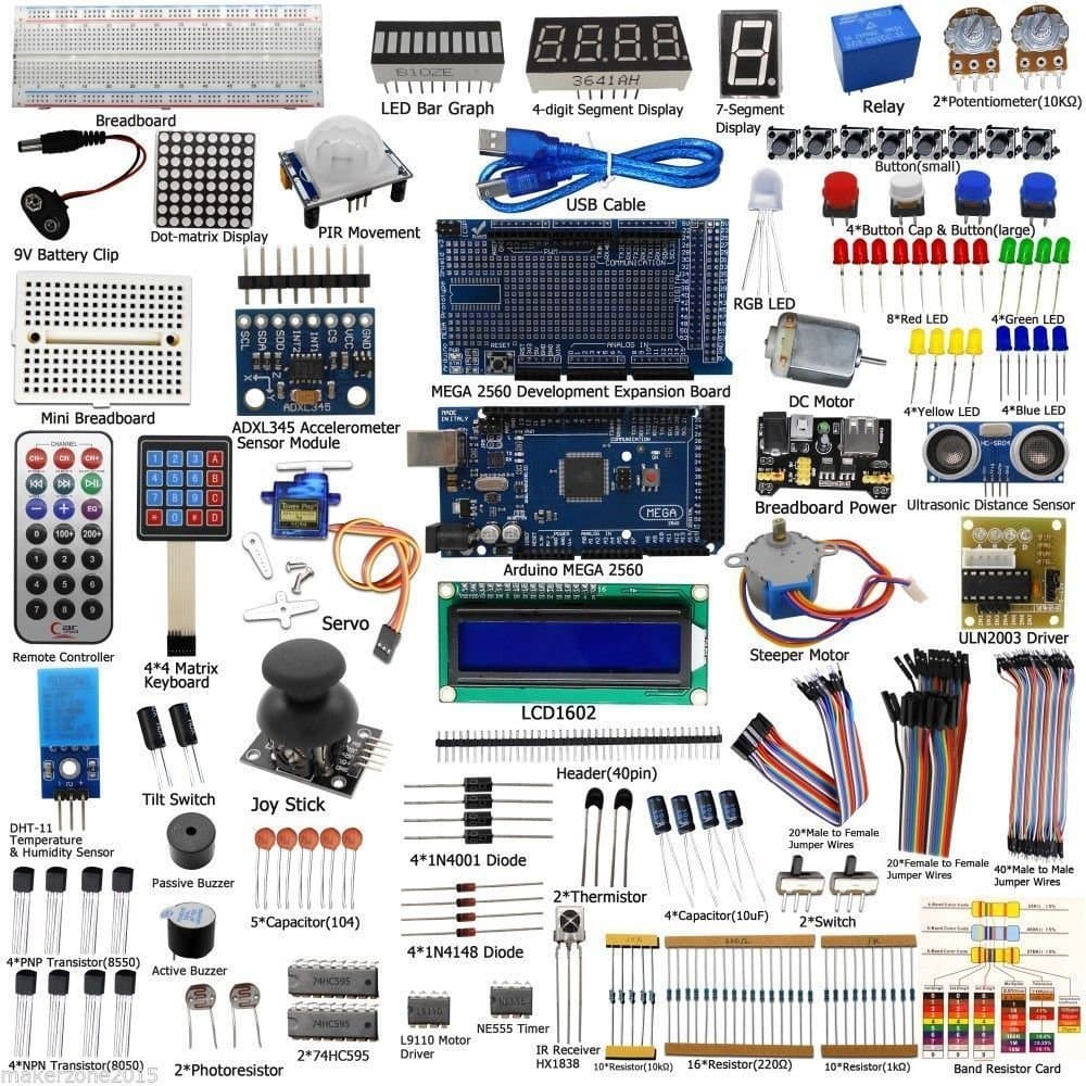 Complete Ultimate STEM Electronic Projects Starter Kit for Arduino with Mega2560, LCD1602, Servo, Stepper Motor, Sensors, Breadboard, Jumper Wire, Resistor, Capacitor, Transistor and Tutorial