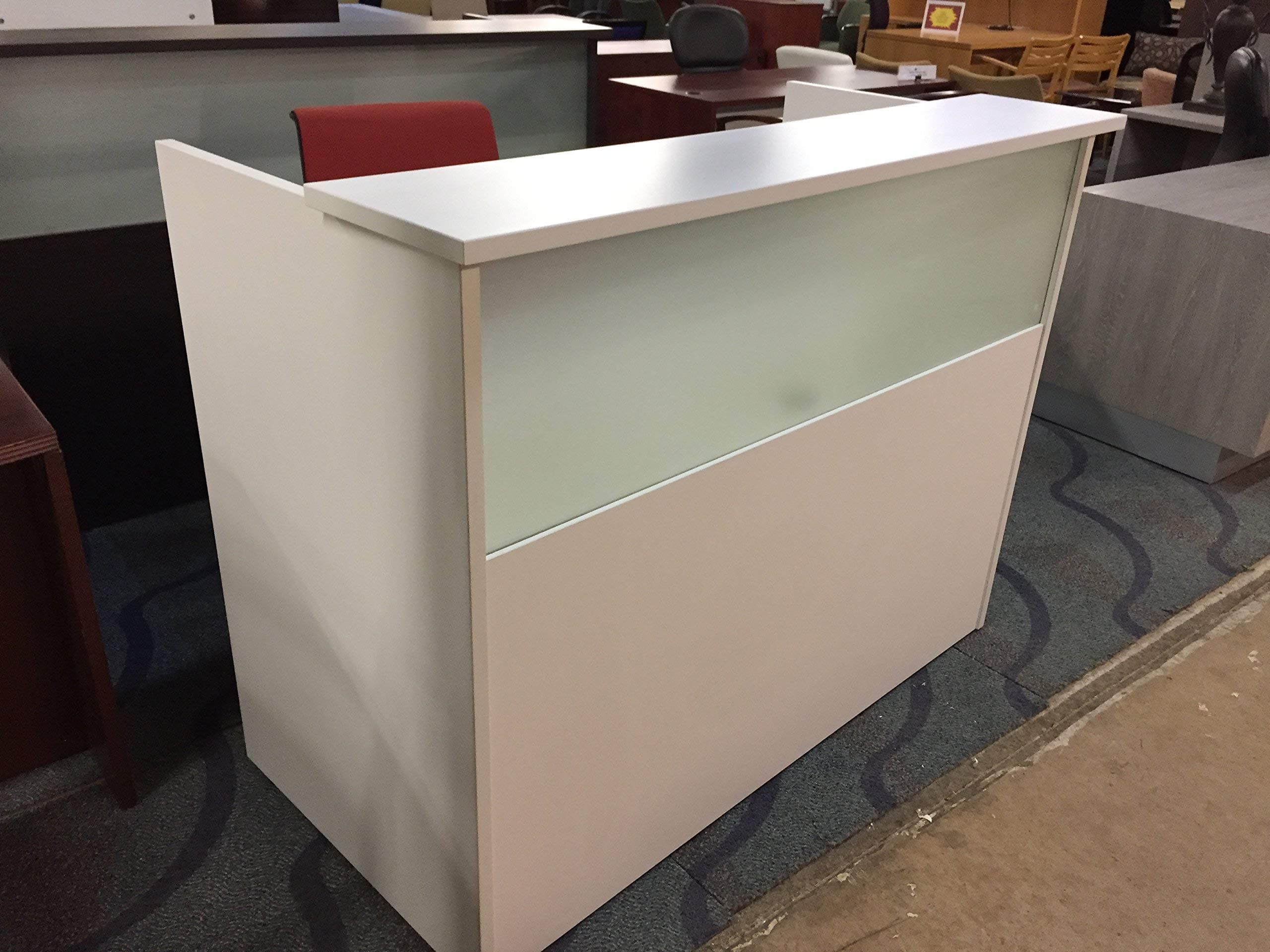 DFS Designs DFS Reception Desk Shell which fits a 15" Monitor - 48” W by 24” D by 44" H White W/Frosted Glass Front