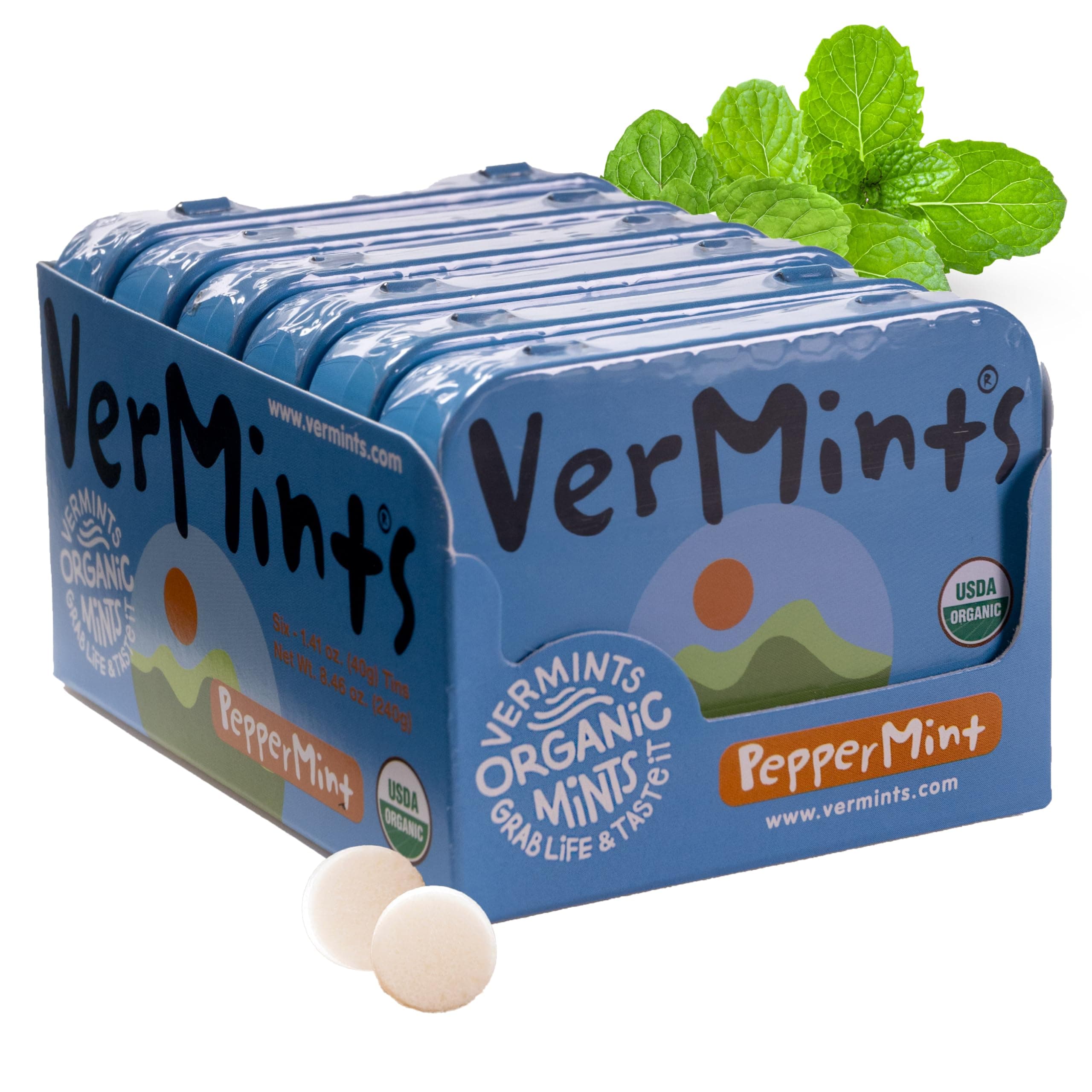 VerMints Organic Breath Mints PepperMint Candy Mints for Real Long-Lasting Flavor, Travel Size Tin - Non-GMO, Nut Free, Gluten Free, Vegan, Kosher Peppermints - 1.41oz Tins (Pack of 6)