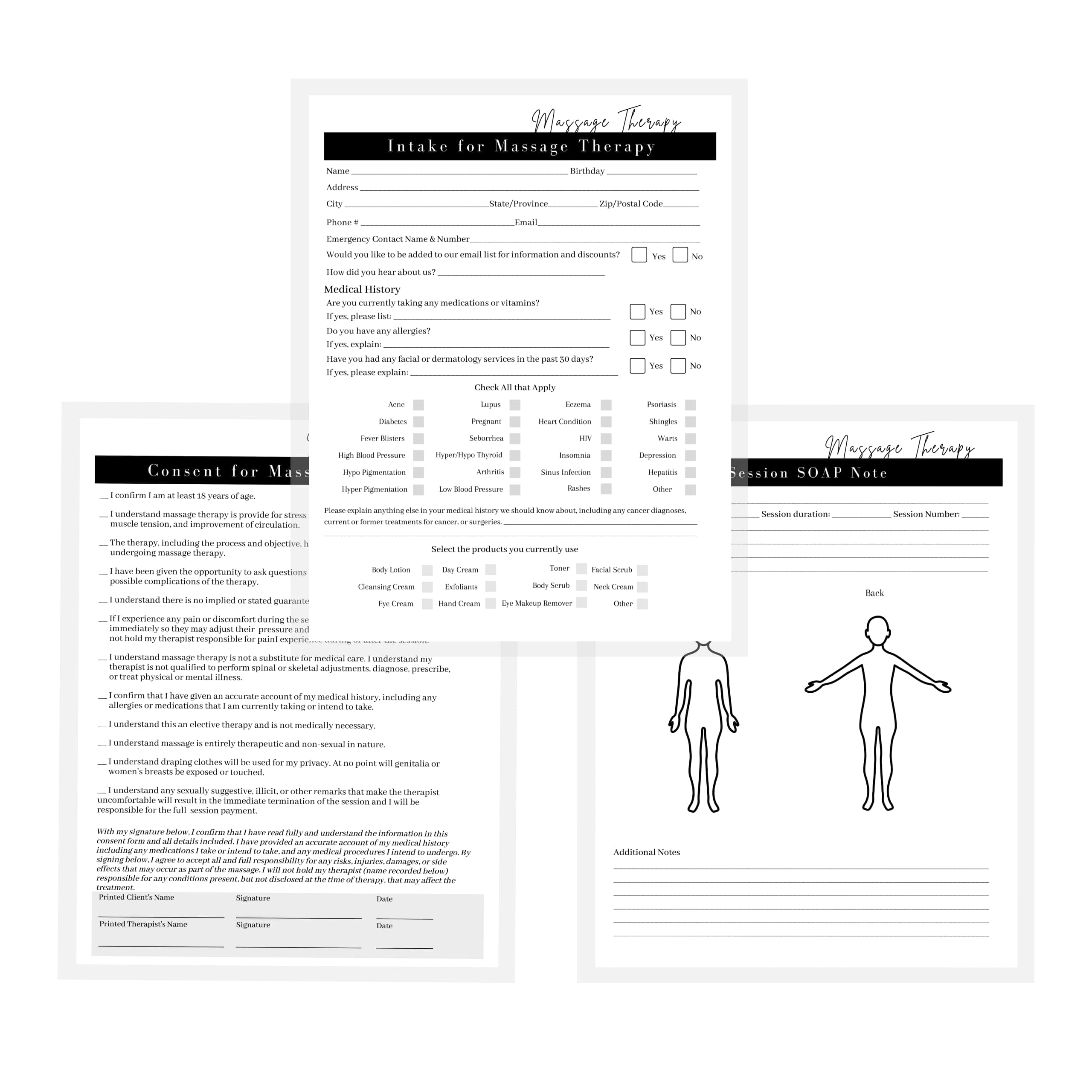 Massage Therapist Consent, Intake & Soap Note Forms | 75 Pack | 8.5 x 11" A1 Forms | Massage Therapy Supplies | Minimalist Design