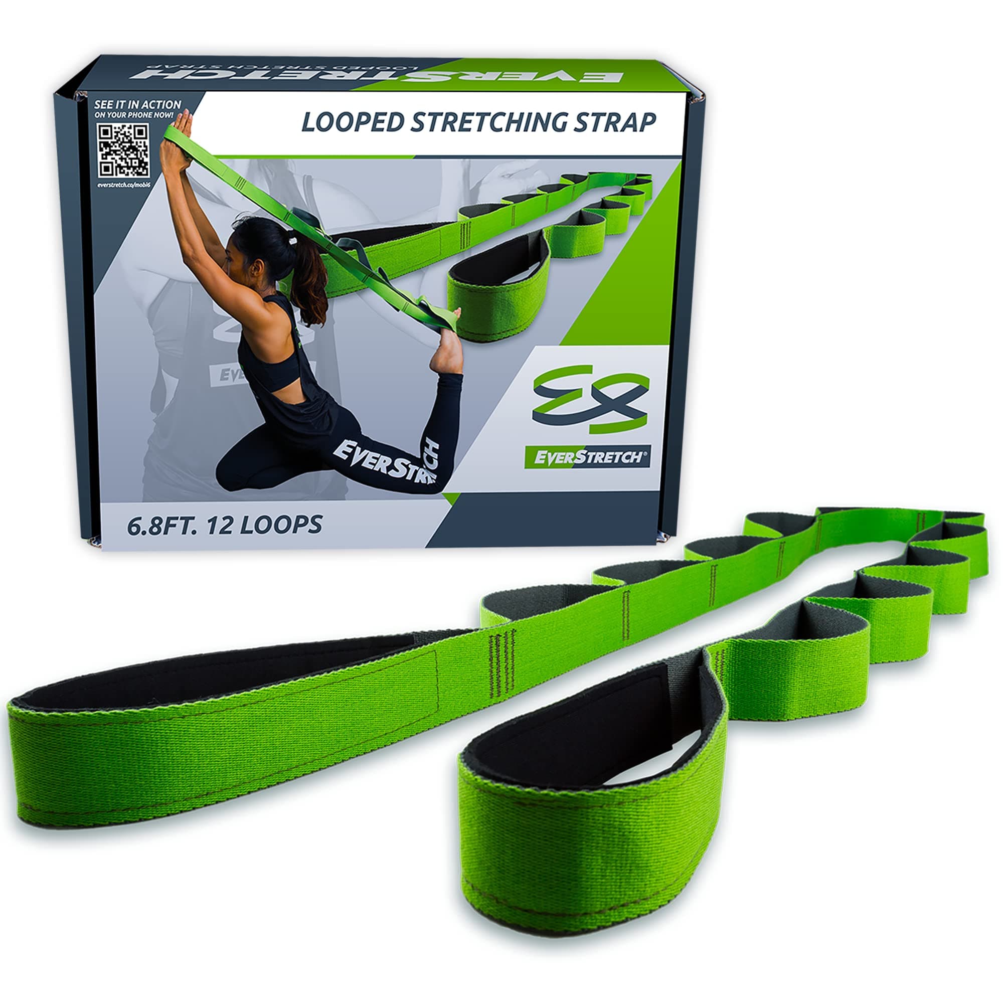 EverStretch Non-Elastic Multi-Loop Stretching Strap | Premium Exercise Strap with Loops | Green & Grey, 1.5" W x 6.8ft L