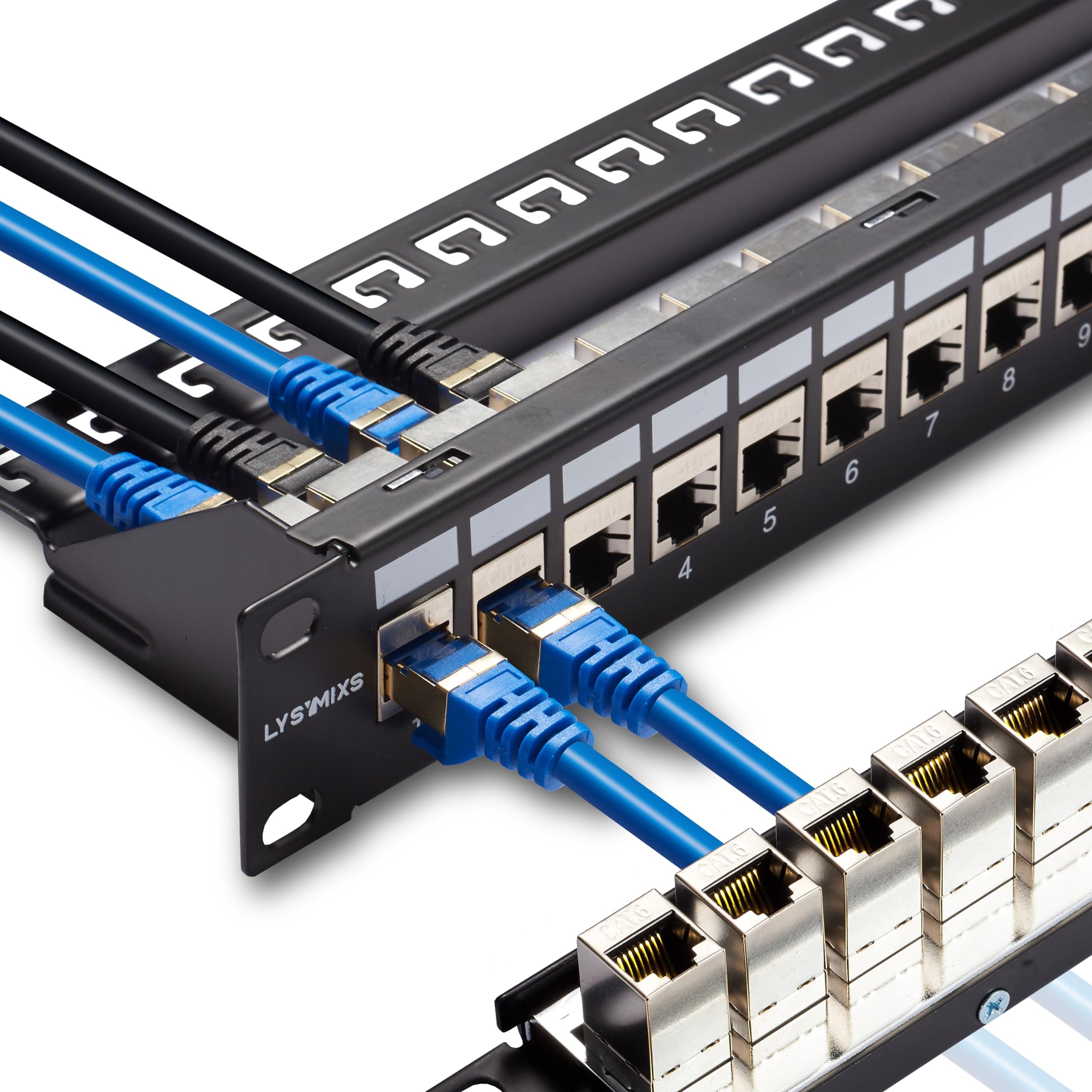 24 Port RJ45 Patch Panel Cat6 STP Feed Through, Coupler Network Patch Panel 19 Inch, Inline Keystone Ethernet Patch Panel with Back Bar