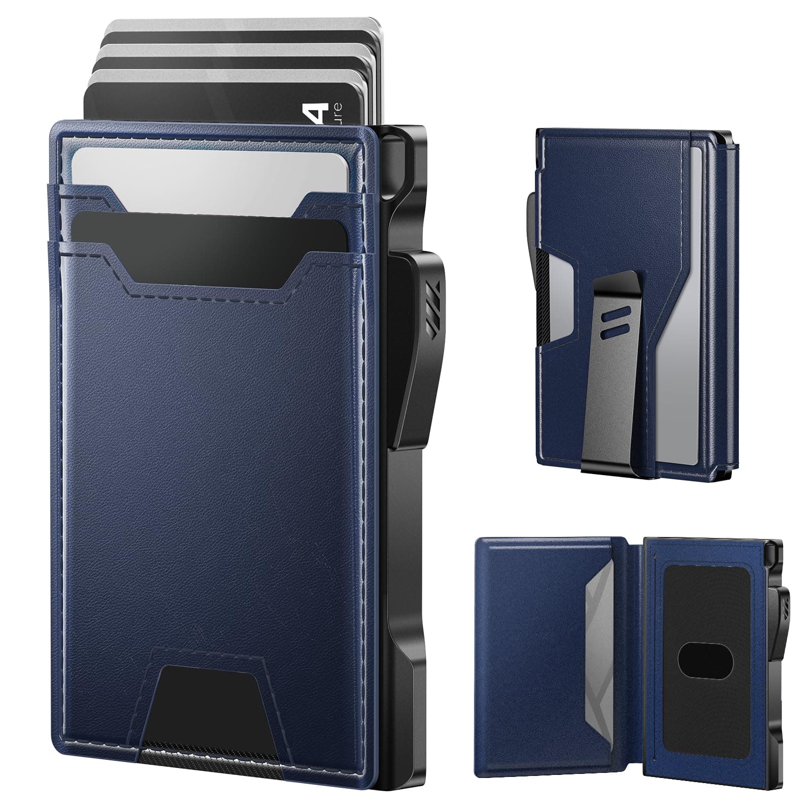 typecase Wallet for Men: Rfid Blocking Wallet 9-13 Card Capacity with Money Clip Slim Leather Front Pocket Smart Pop Up Card Case Bifold Minimalist Wallet with Gift Box - Navy Blue